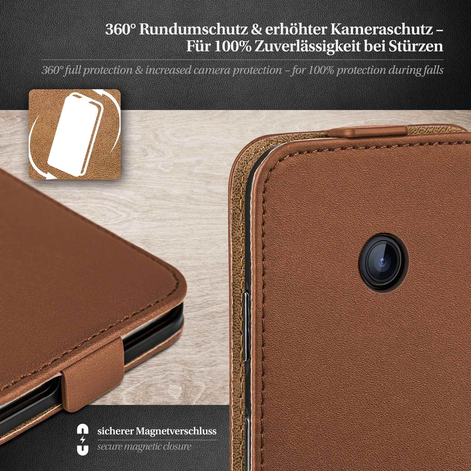 Handyhülle mit Magnetverschluss. Text: '360° Rundumschutz & erhöhter Kameraschutz'.