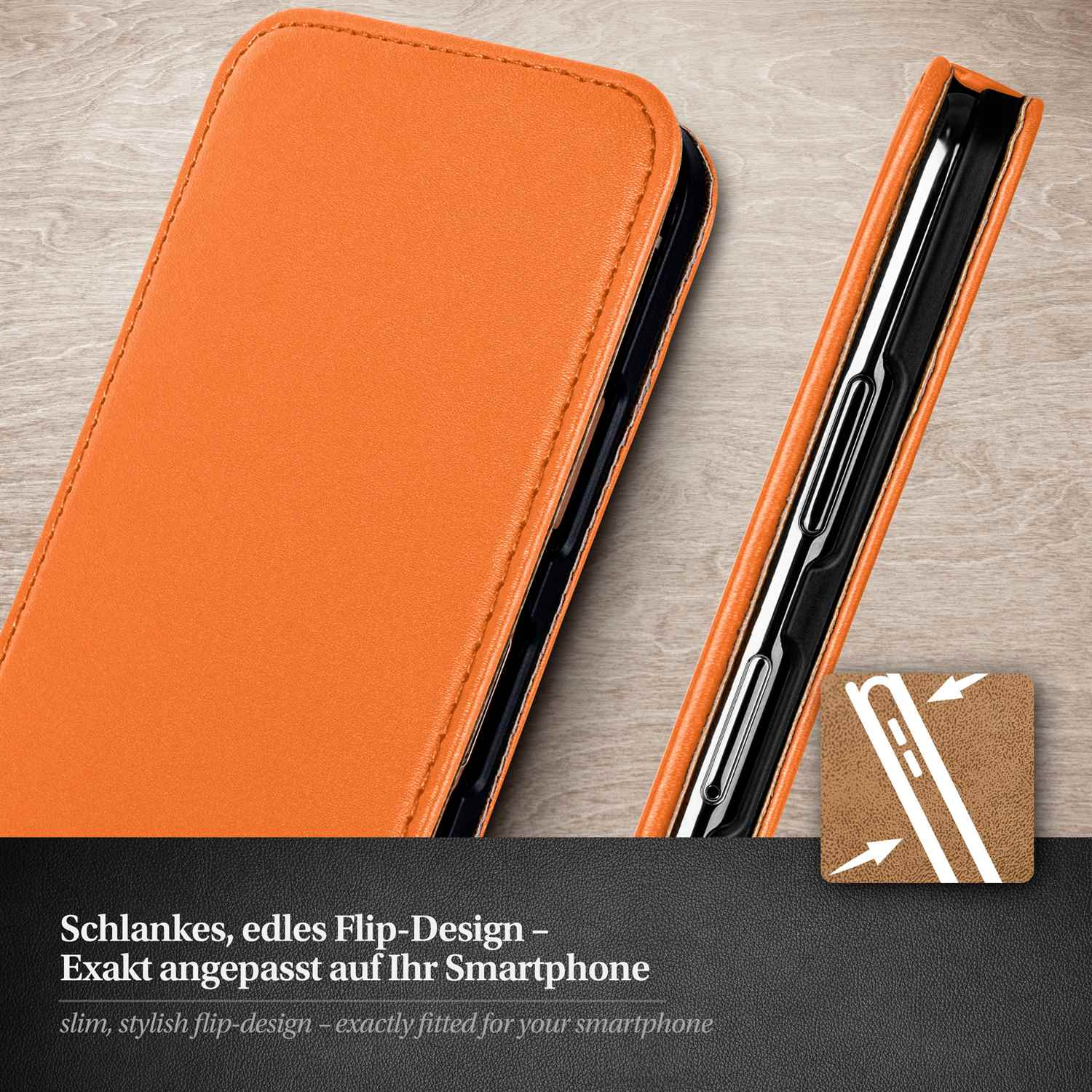 Orangene Handyhülle, geöffnet. Text lautet: 'Schlankes, edles Flip-Design - Exakt angepasst auf Ihr Smartphone'.