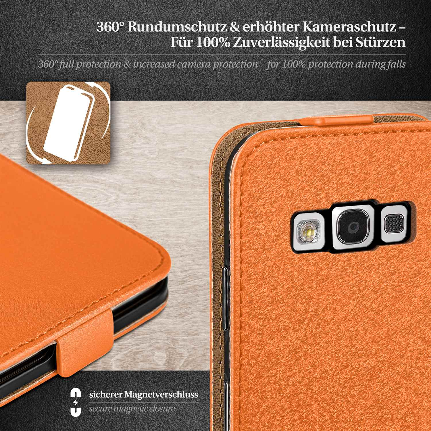 Eine orangefarbene Handyhülle mit dem Text 360° Rundumschutz & erhöhter Kameraschutz