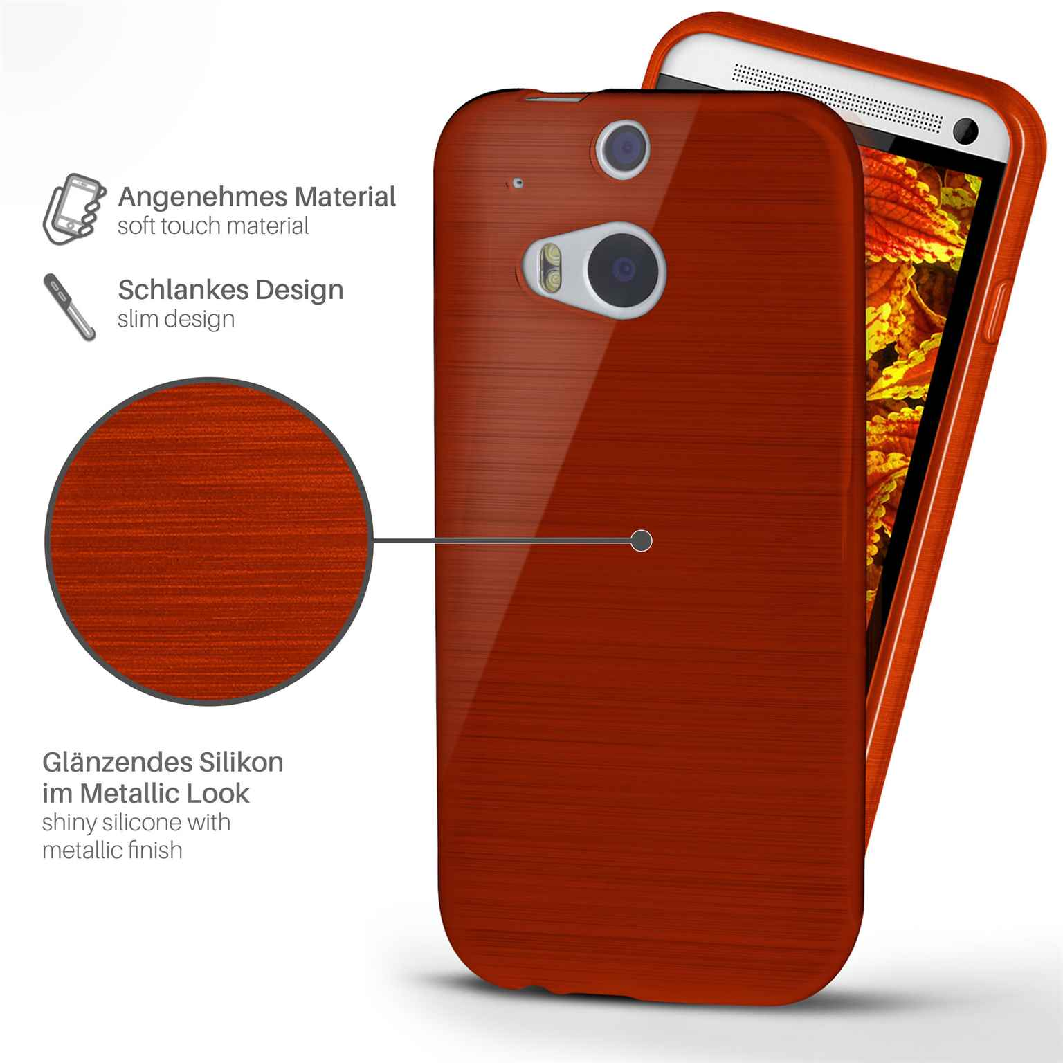 Eine Handyhülle mit Holzmaserung, die auf einem Telefon liegt. Text: glänzendes Silikon mit Metallic-Finish.
