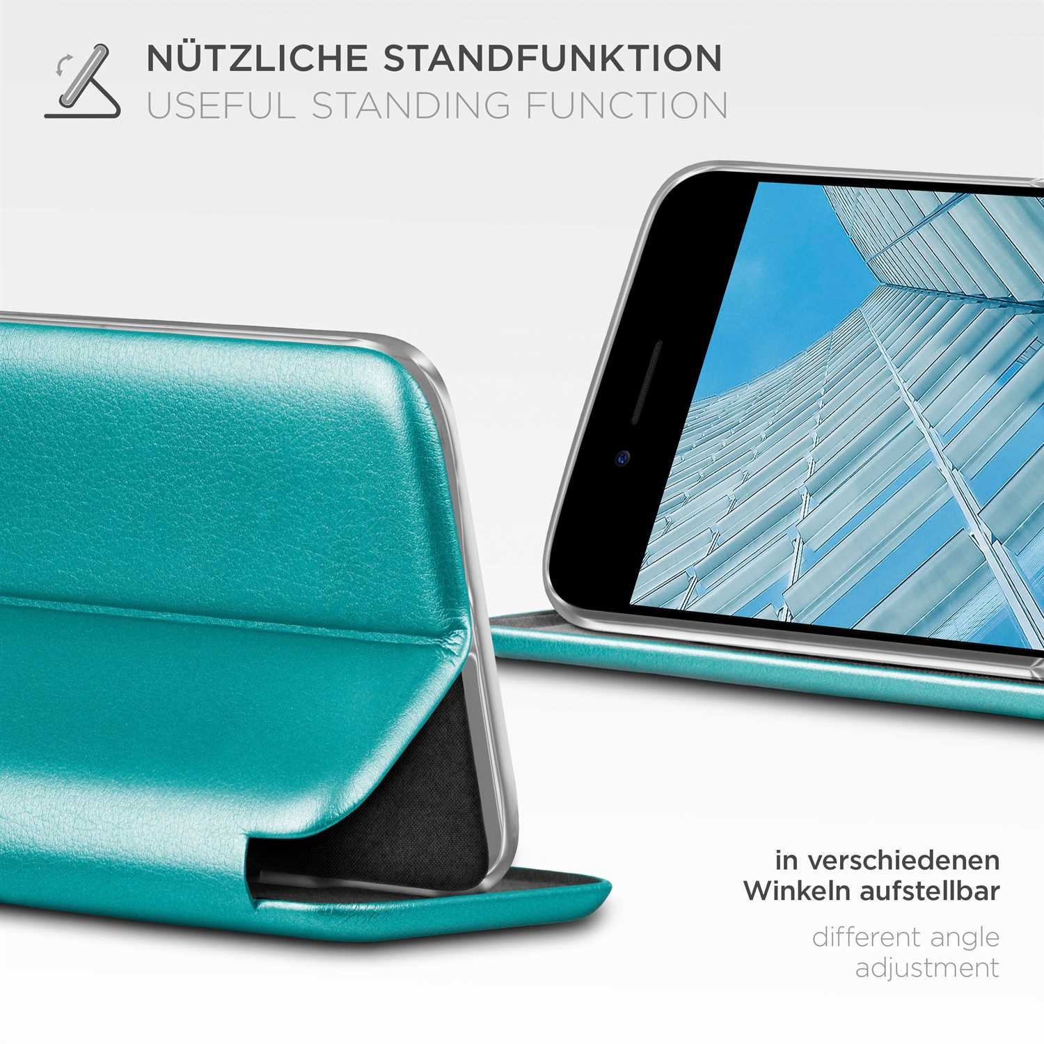 Telefon in türkisfarbener Hülle, aufgestellt. Schwarzes Telefon. Türkisfarbene Hülle. Schwarzer Hintergrund.
