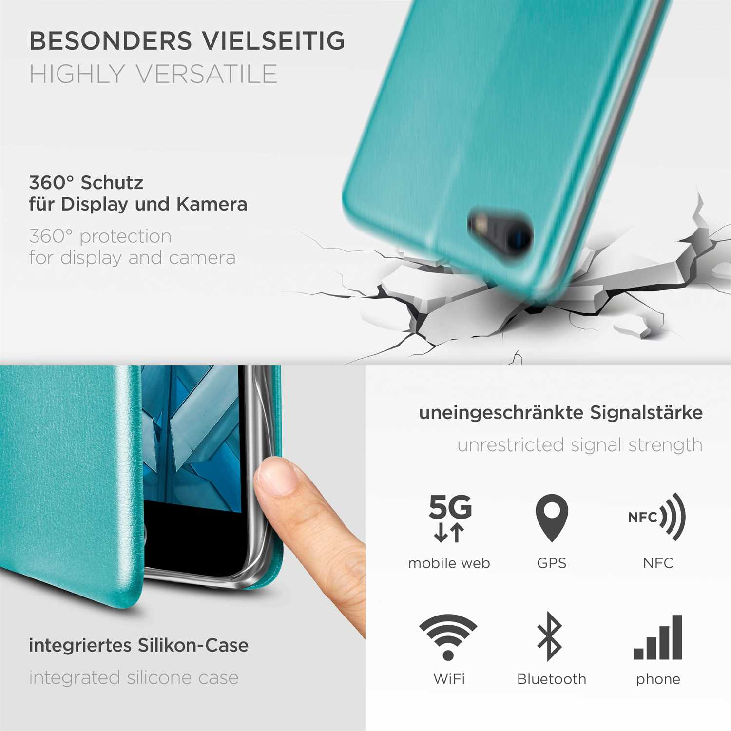 Eine Handyhülle und Symbole für 5G, GPS, NFC, WiFi, Bluetooth und Telefonsignal.