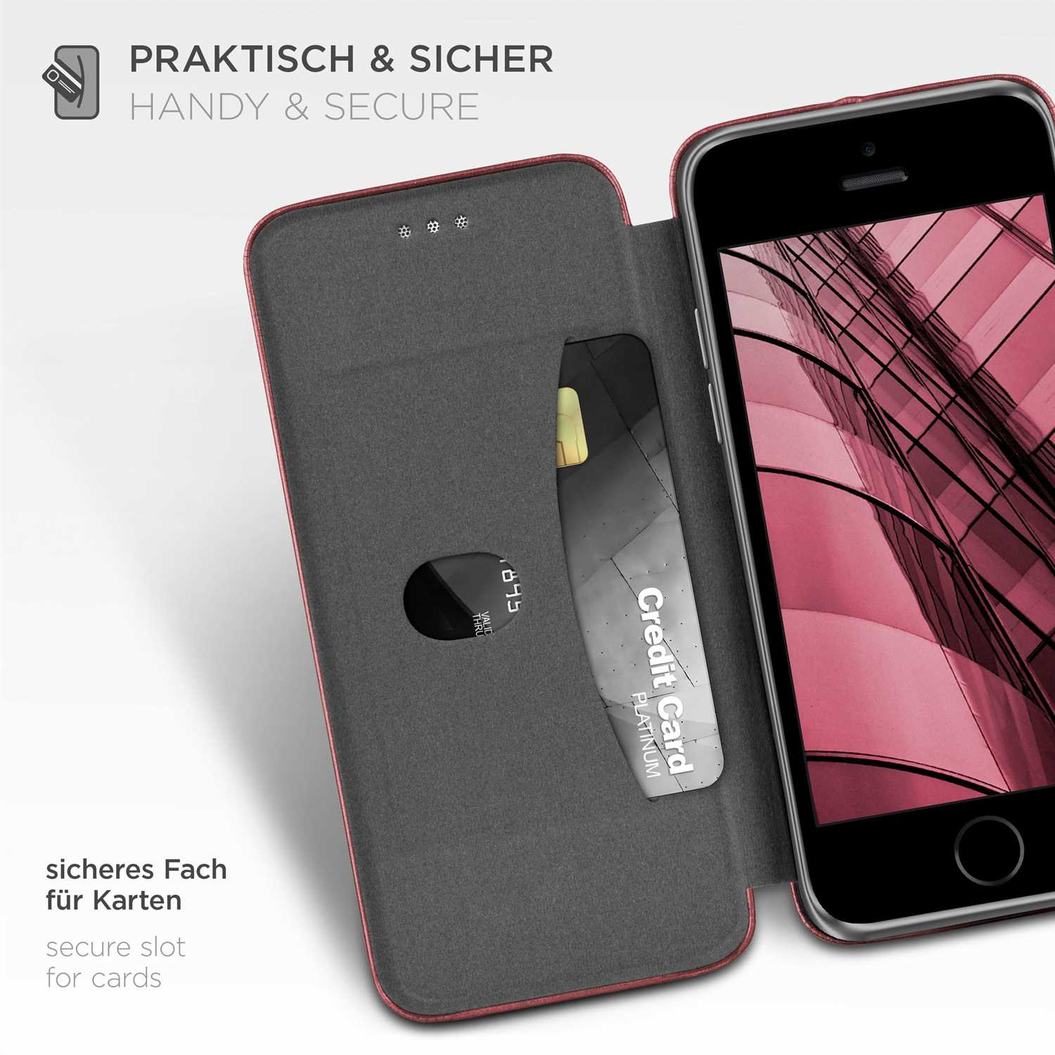 Handyhülle mit Kreditkarte im Schlitz. Die Hülle ist offen, das Telefon sichtbar. Rote Ränder.