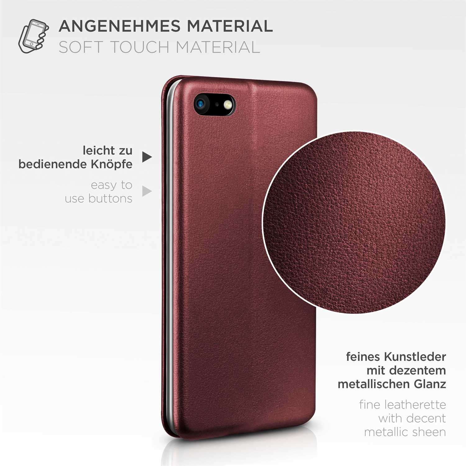 Eine weinrote Handyhülle mit einem Telefon. Text: feines Kunstleder mit dezentem Metallic-Glanz.