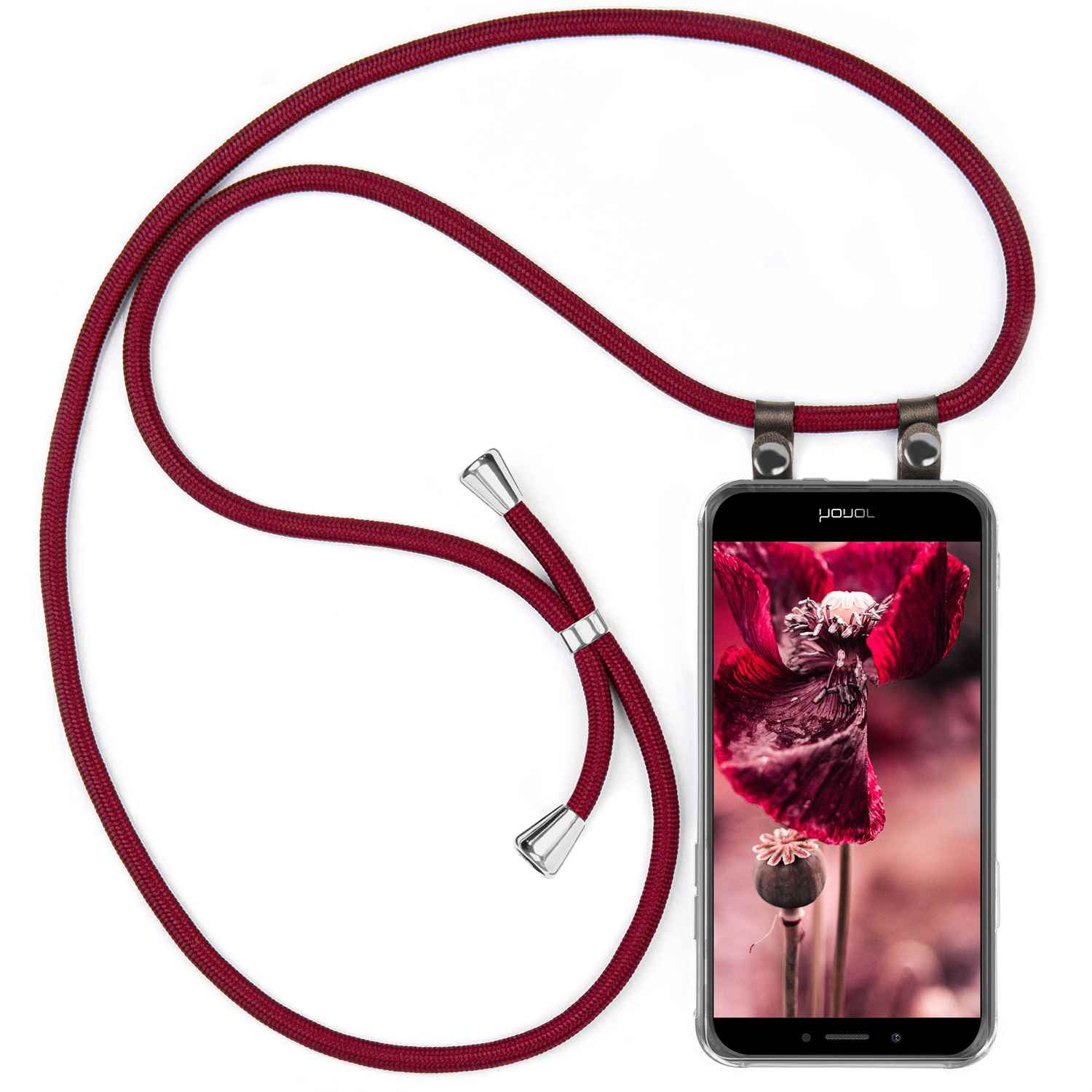 Telefon mit rotem Band, Bildschirm zeigt rote Blume. Band ist geschlungen, silberne Metalldetails.