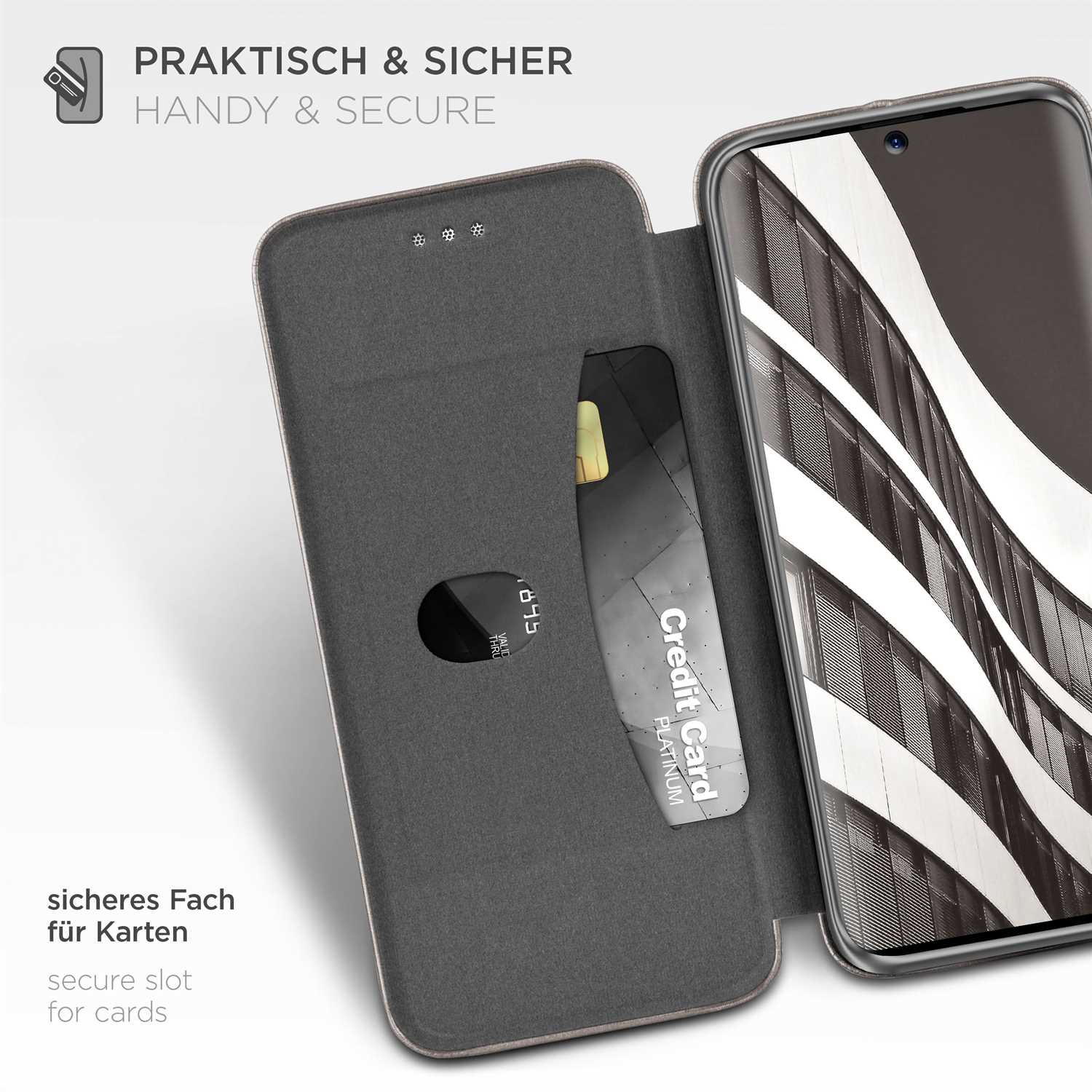 Telefonhülle geöffnet, zeigt Kartenfach und Kreditkarte. Text: Praktisch & Sicher.