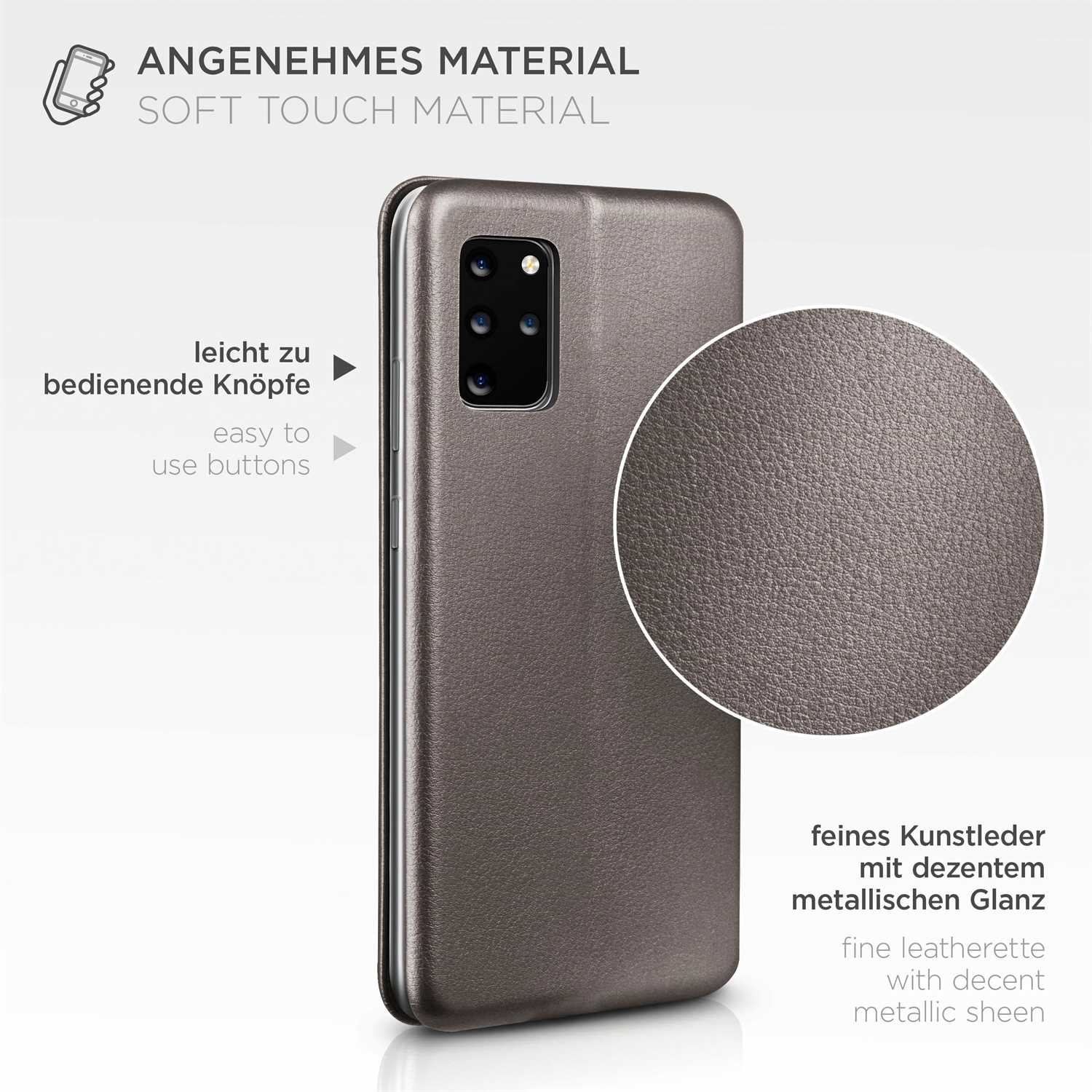 Braune Handyhülle mit Text auf Deutsch und Englisch, Nahaufnahme von Material und Knöpfen.