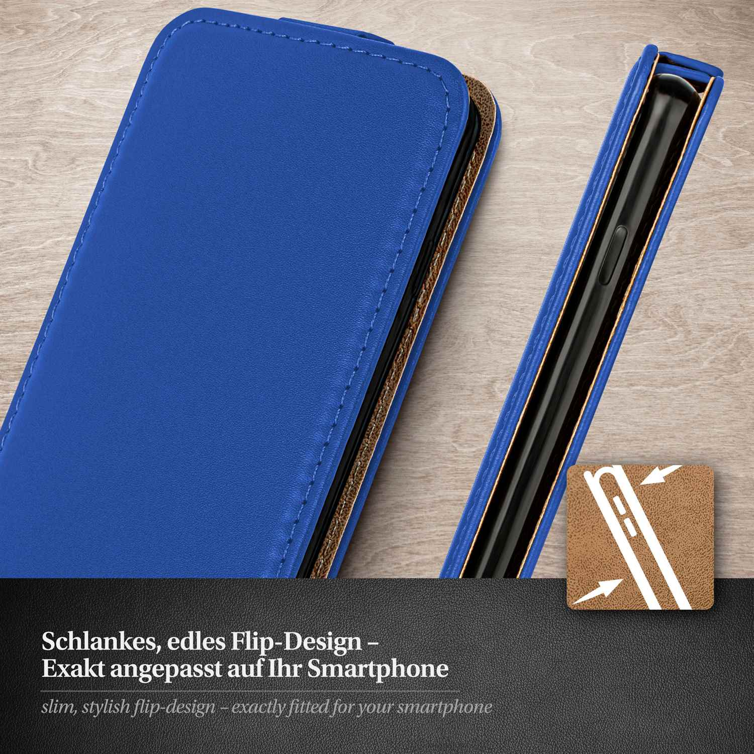Blaue Handyhülle geöffnet, Innenansicht. Text: Schlankes, edles Flip-Design. Die Hülle ist blau.