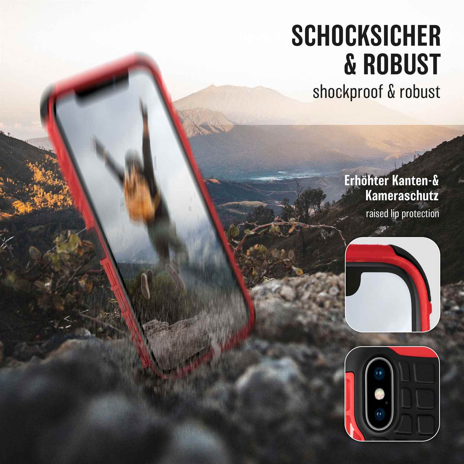 Rote Handyhülle mit erhöhten Kanten. Person fällt im Hintergrund. Text: stoßfest & robust.