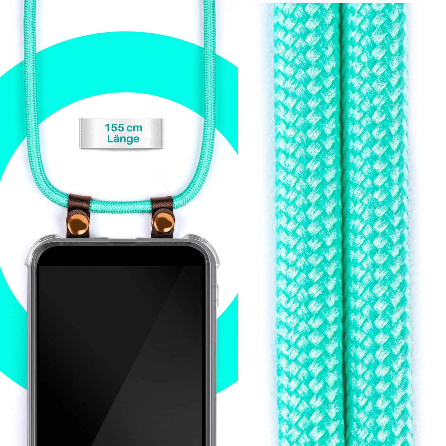 Grüner Telefonriemen mit befestigtem Telefon, weißer Hintergrund.