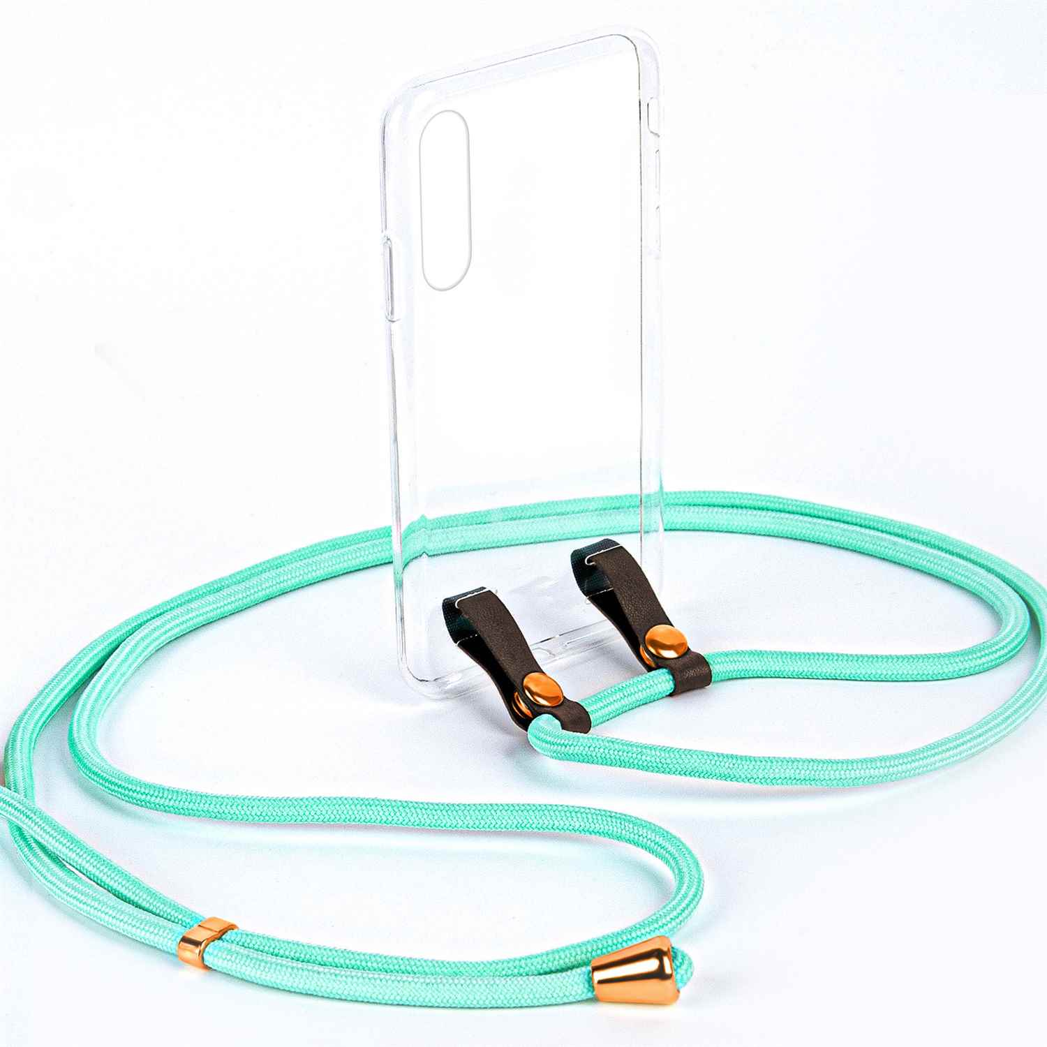 Eine transparente Handyhülle mit einem mintgrünen Kordel und braunen Clips.