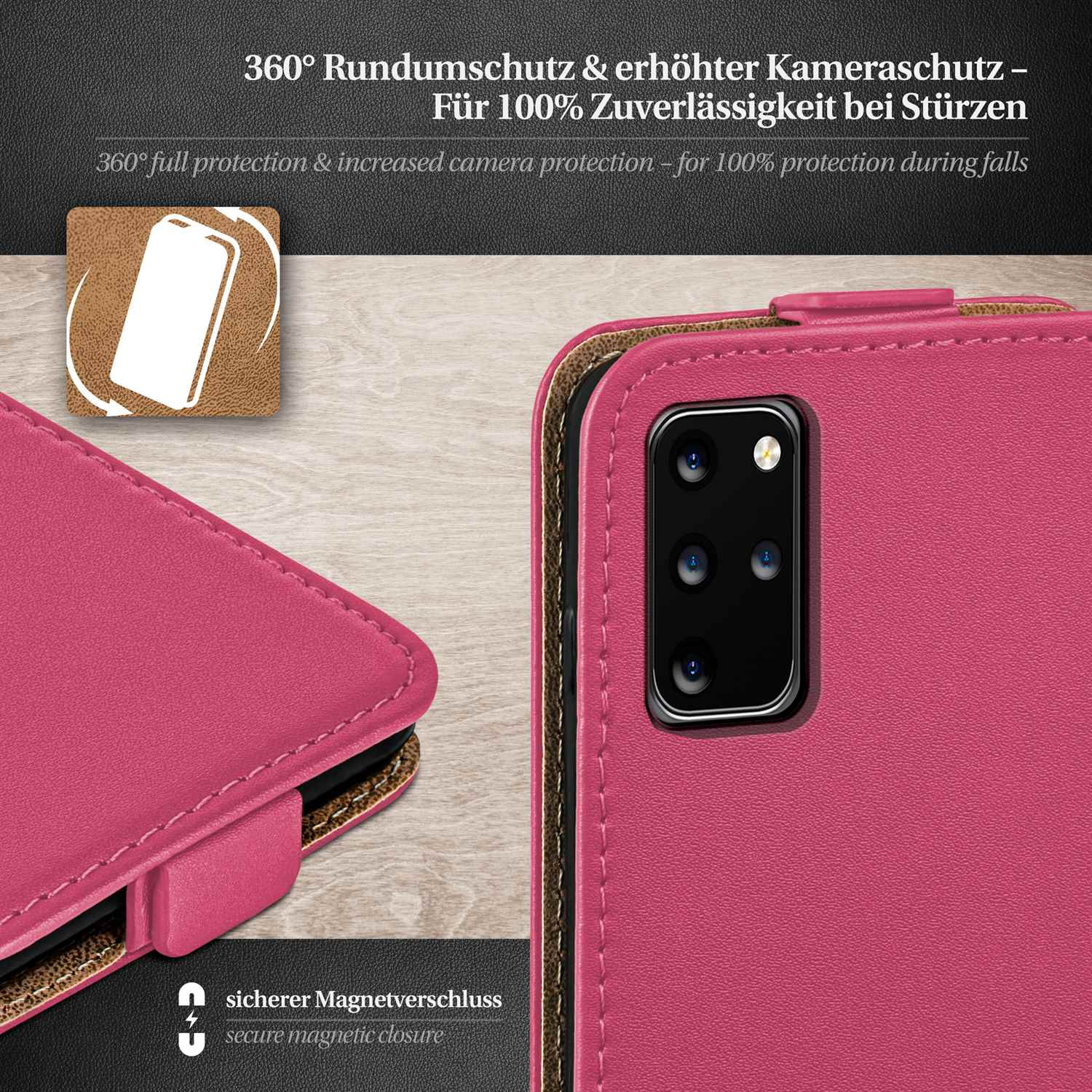 Rosa Handyhülle mit schwarzer Innenseite. Text: 360° Rundumschutz und erhöhter Kameraschutz, sicherer Magnetverschluss.