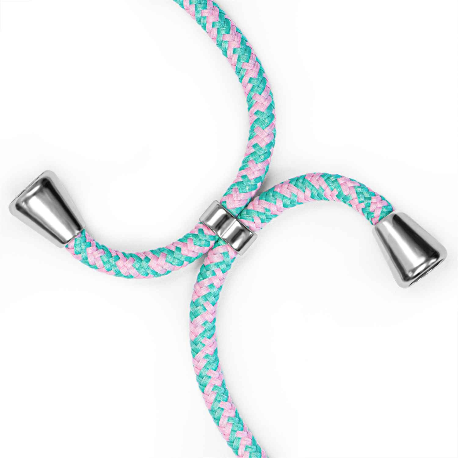Geflochtenes Telefonkabel mit silbernen Akzenten. Das Kabel ist rosa und grün.