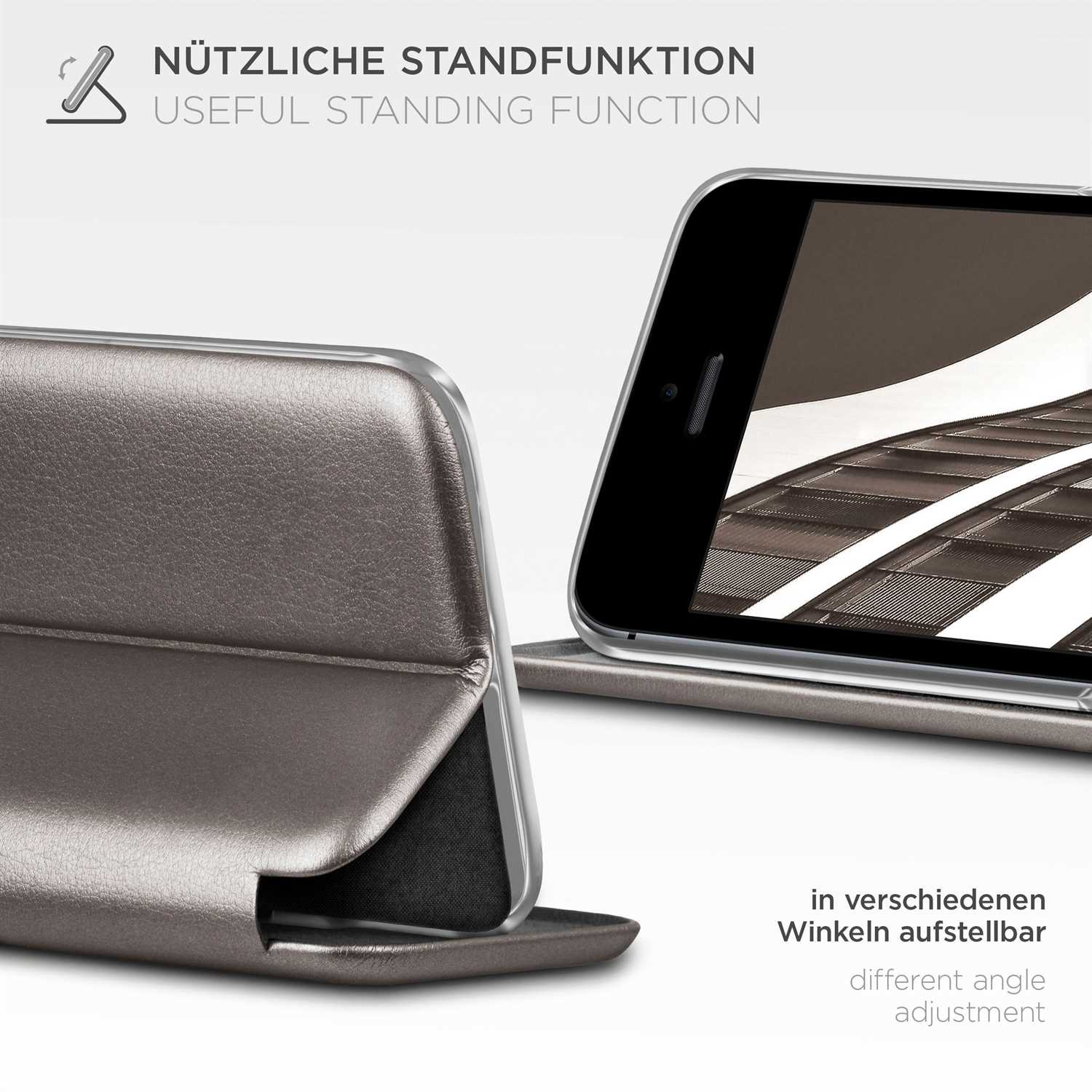 Telefon in grauer Hülle. Die Hülle ist in verschiedenen Winkeln verstellbar. Nützliche Standfunktion.