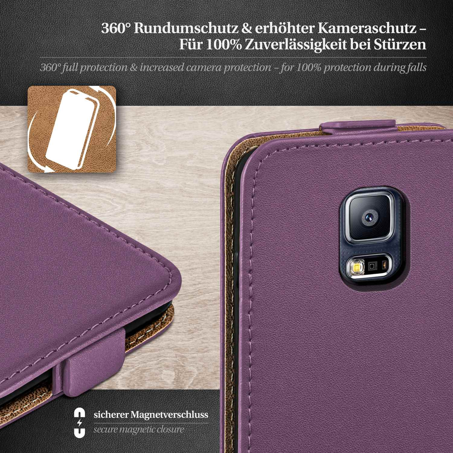 Violette Handyhülle mit Magnetverschluss. Details und Text sind auf der Hülle sichtbar.