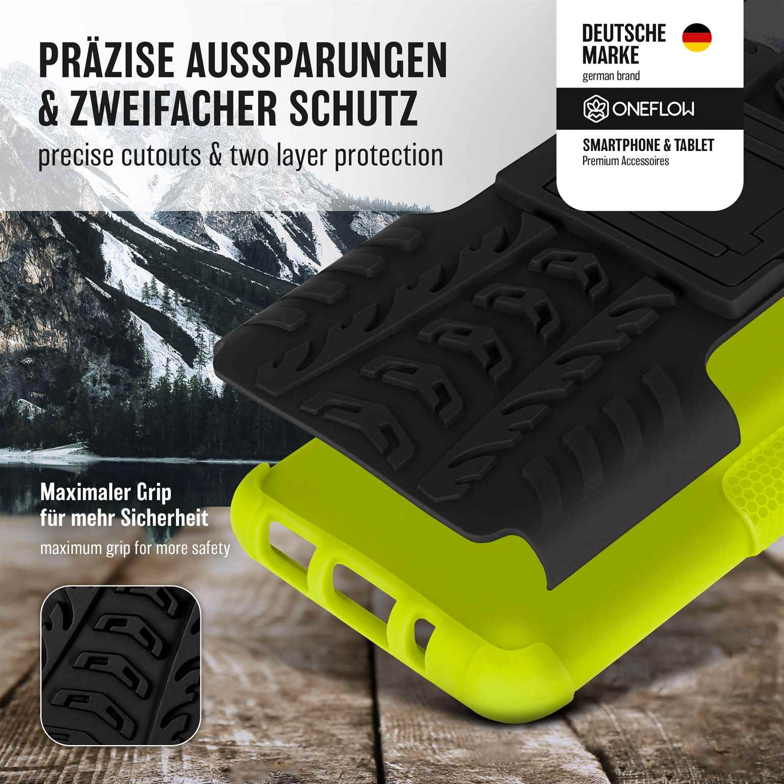 Handyhülle, zweifarbig mit schwarzem und grünem Design. Die Hülle schützt ein Telefon im Inneren.