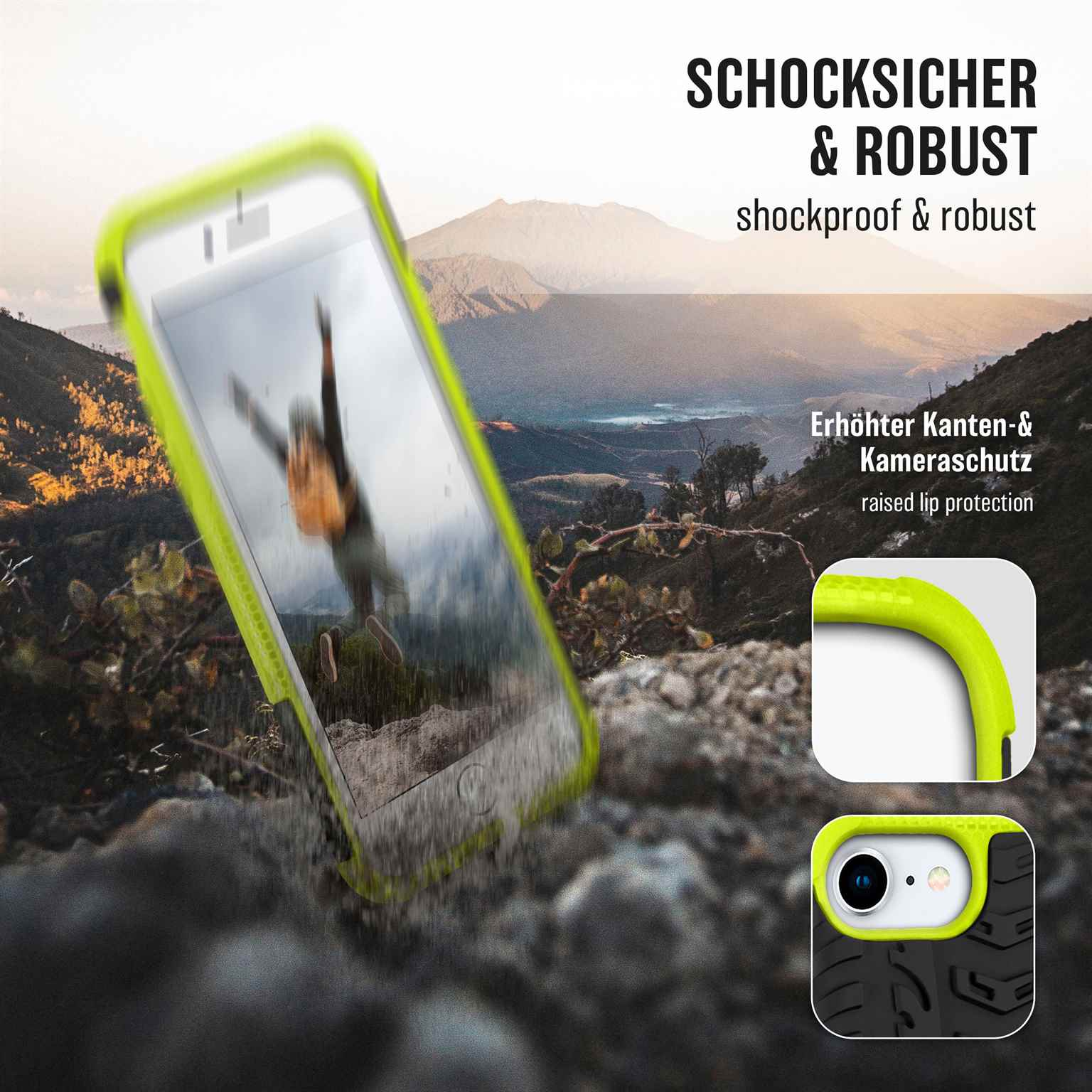 Ein Telefon in einer grünen Hülle. Es scheint zu fallen. Die Hülle ist stoßfest und robust.