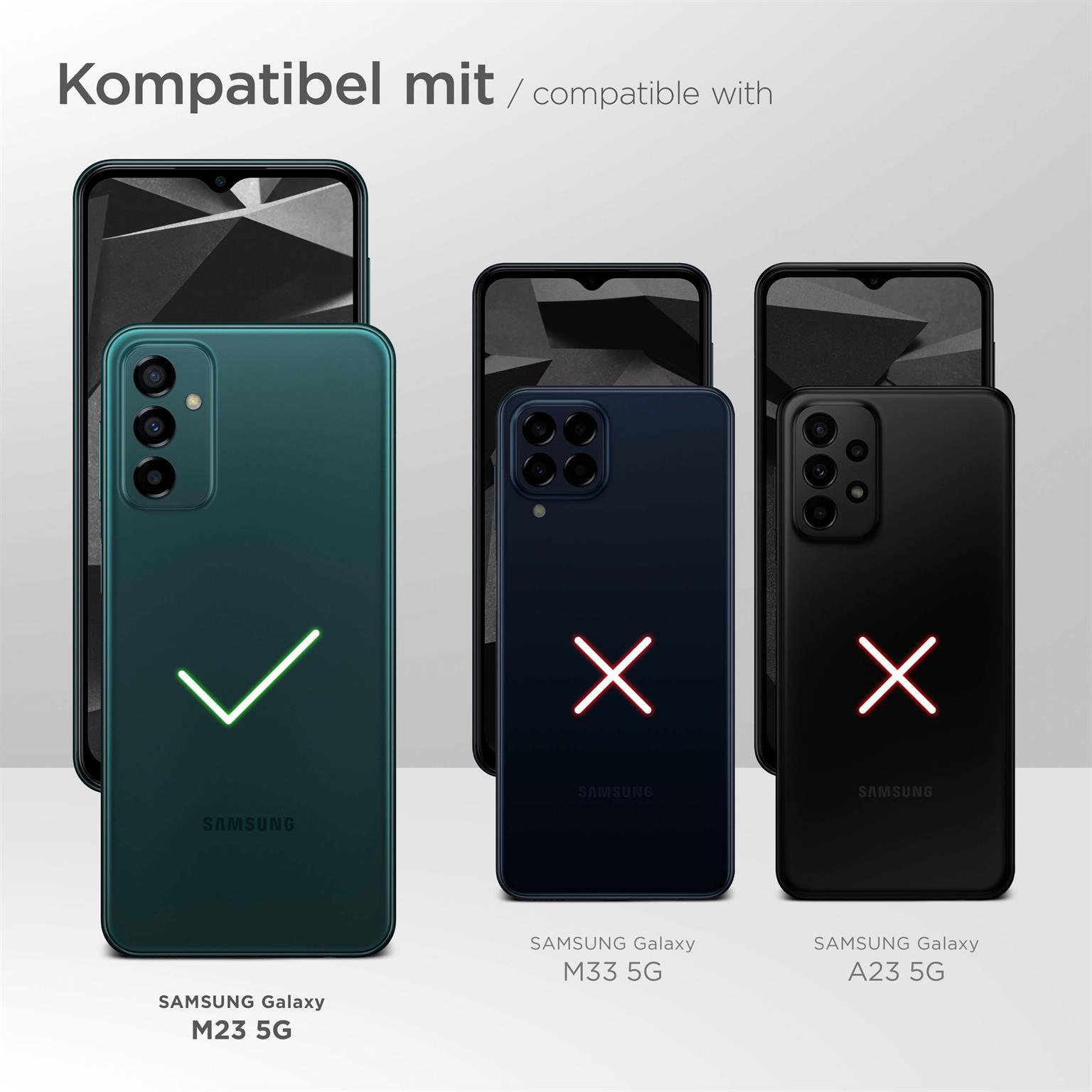 Das Bild zeigt Samsung-Telefone. Der Text lautet: Kompatibel mit/compatible with. Grüner Haken und rotes Kreuz.