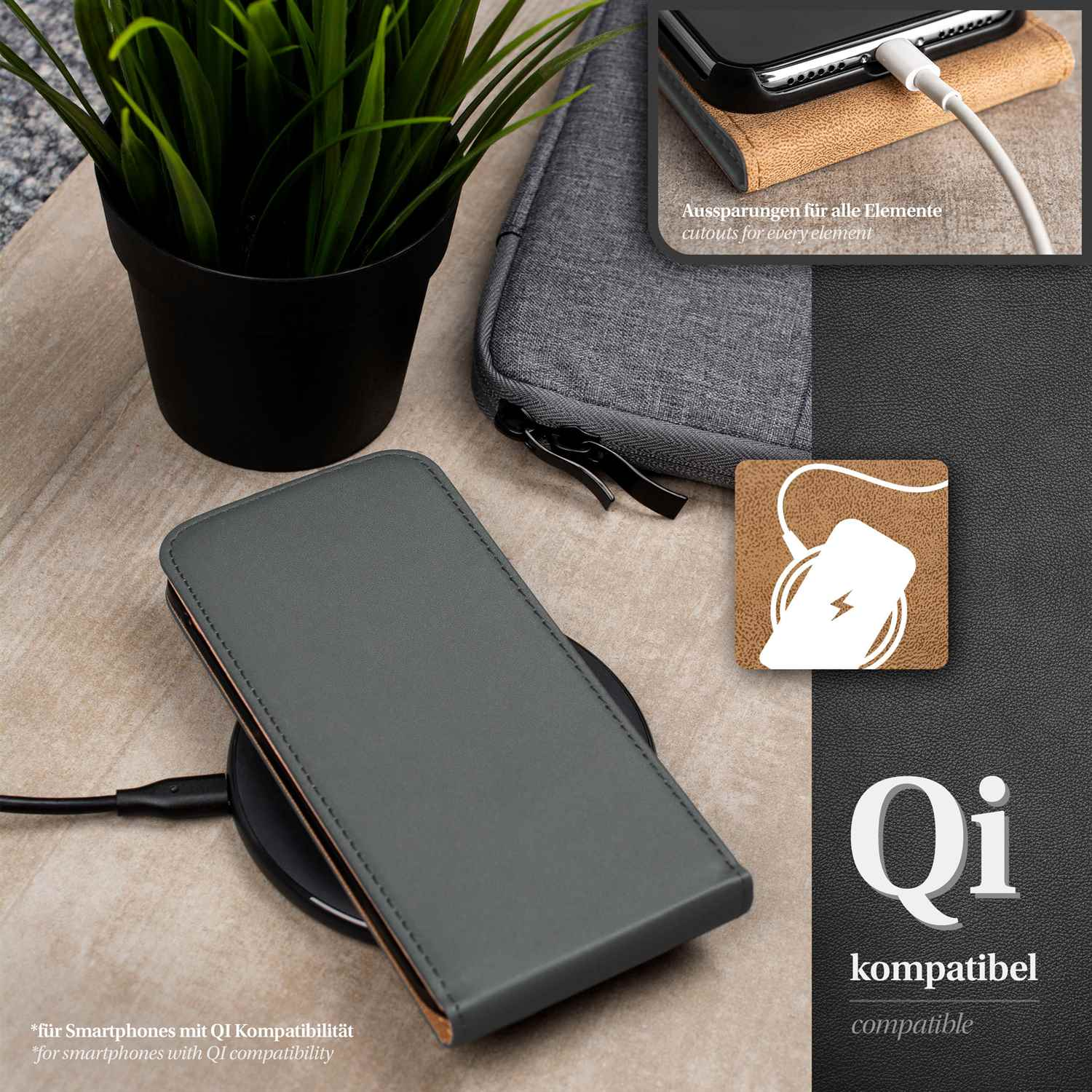 Eine graue Handyhülle auf einem kabellosen Ladegerät. Text und Symbole zur Qi-Kompatibilität sind sichtbar.