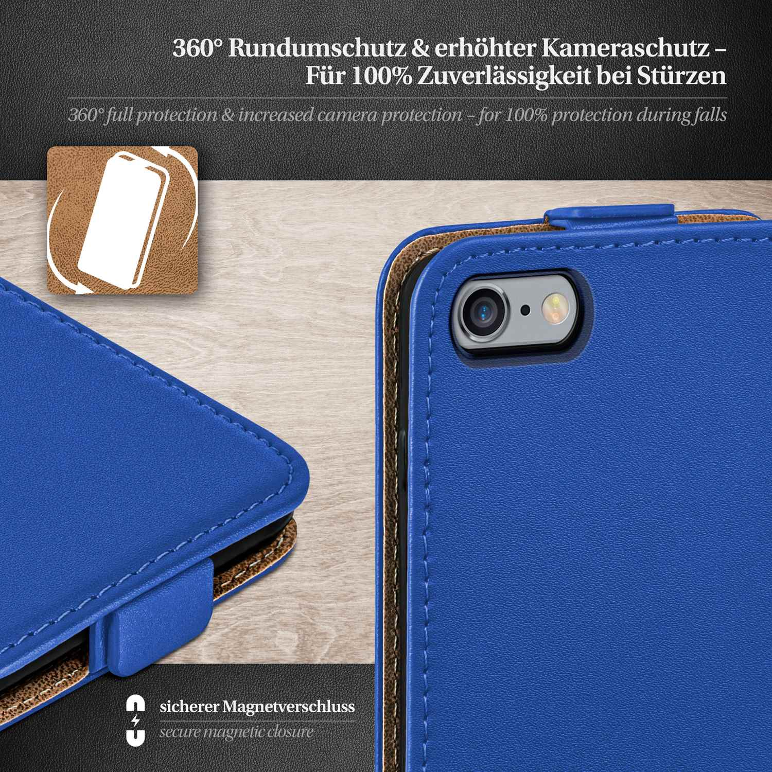 Eine blaue Handyhülle mit Telefon. Die Hülle hat eine Klappe.