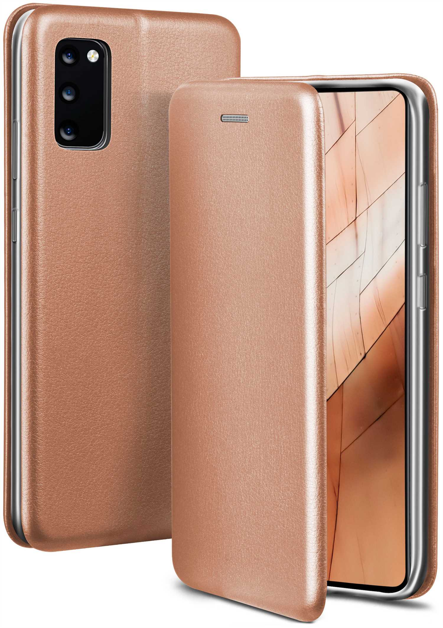 Roségoldene Handyhülle, geöffnet. Das Telefon ist auf weißem Hintergrund.