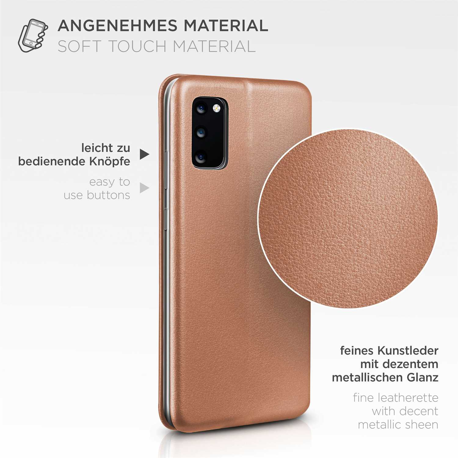 Braune Handyhülle mit Text auf Deutsch und Englisch, Nahaufnahme von Material und Knöpfen.