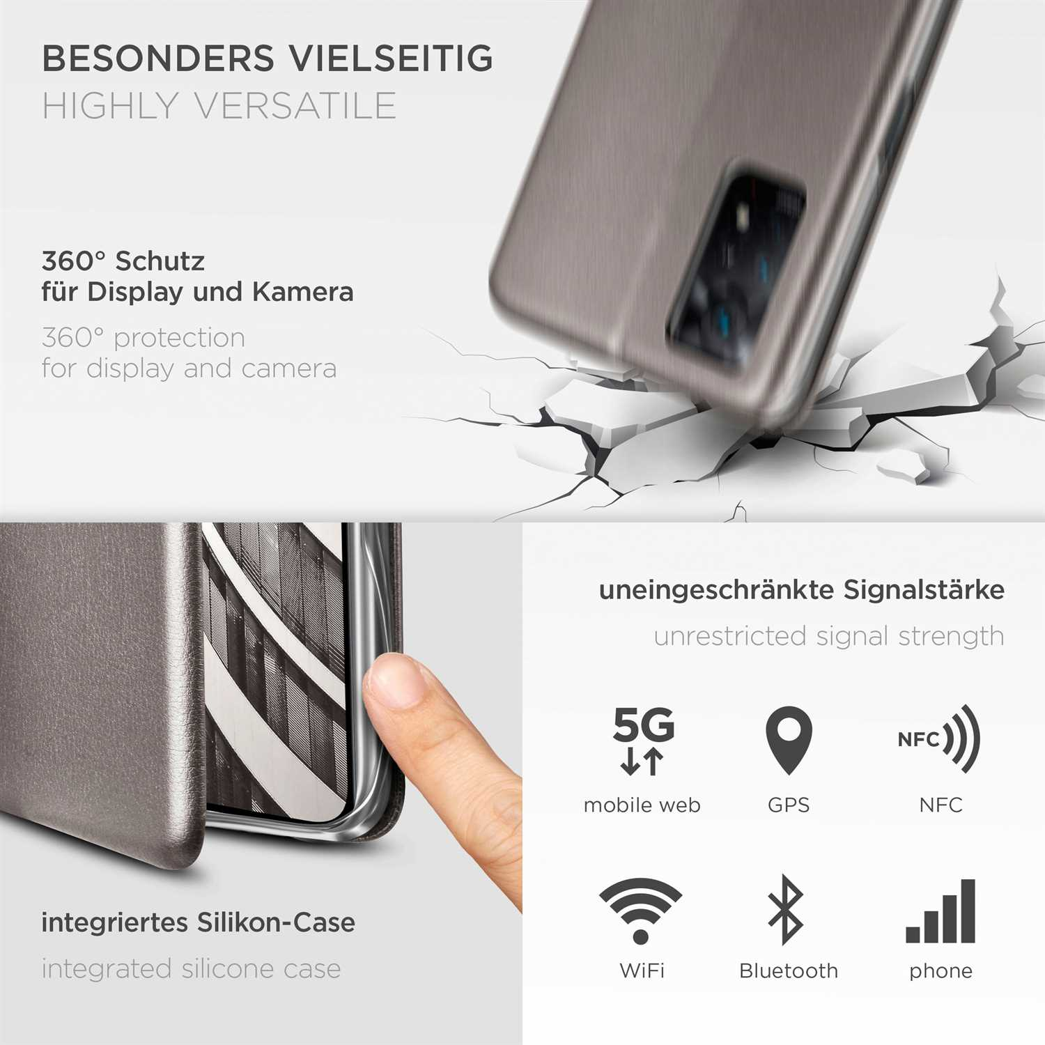Handyhülle mit Telefon, zeigt Bildschirm und Symbole für Internetzugang.