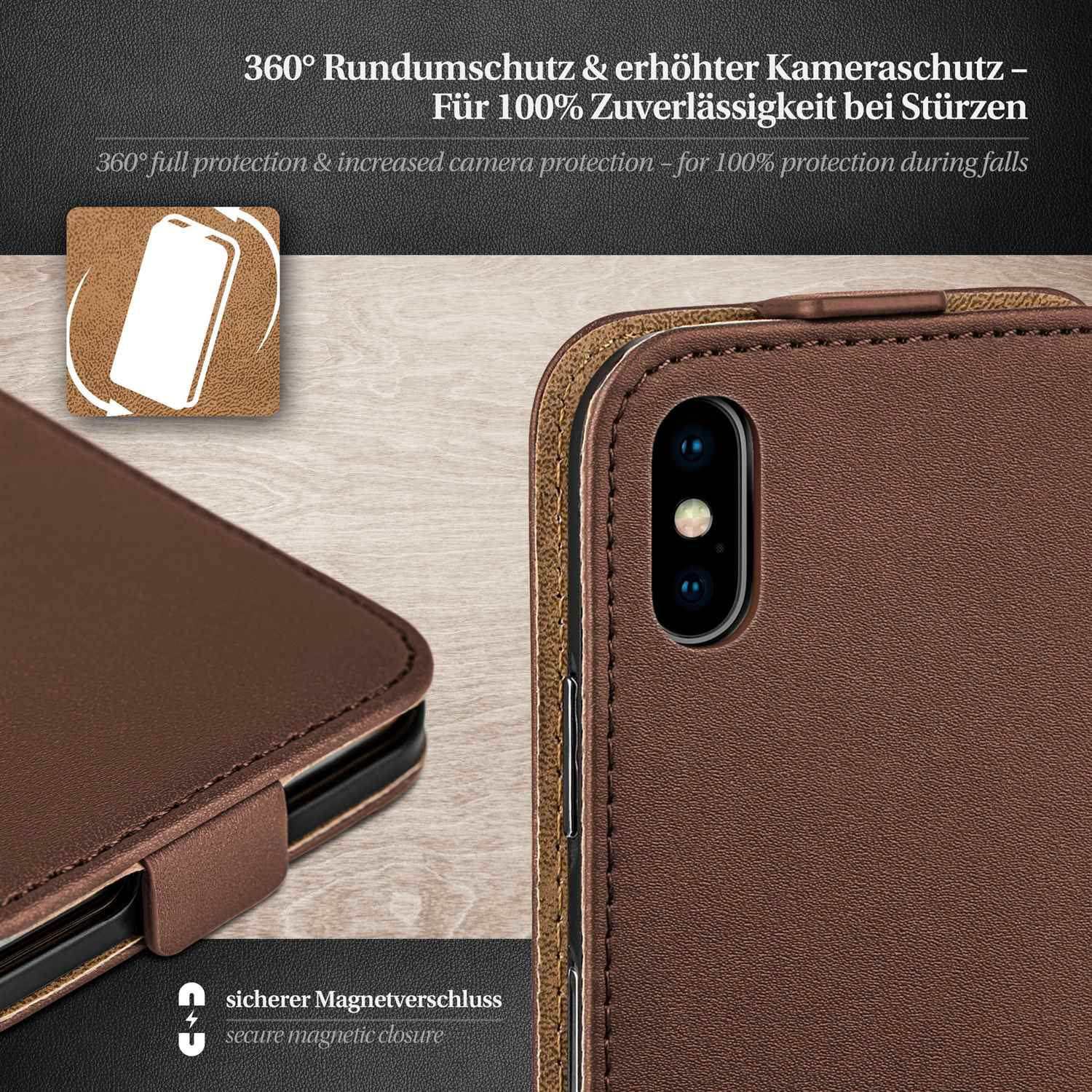 Braune Handyhülle mit Magnetverschluss. Text: 360° Schutz. Inset zeigt ein Telefon.