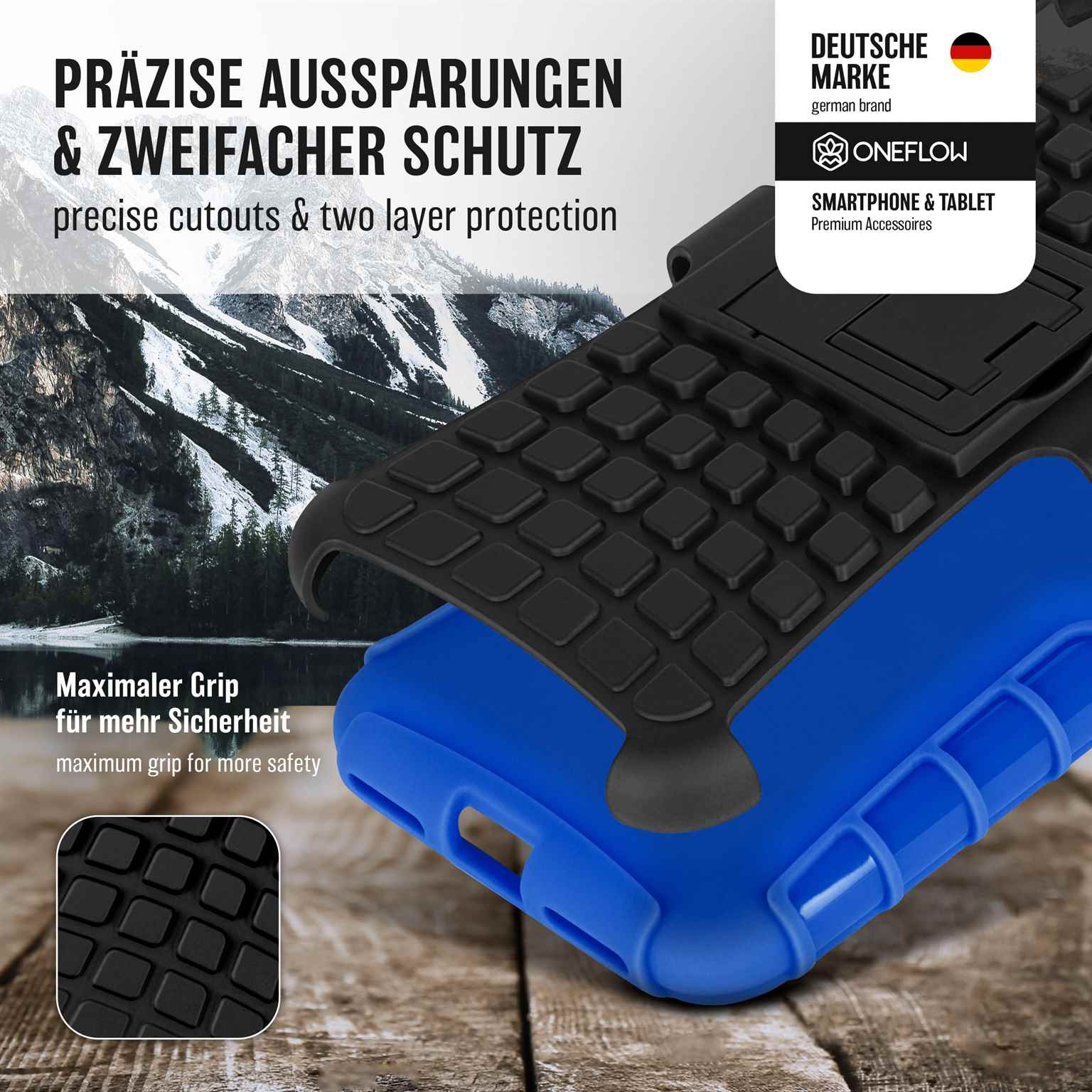 Schwarze und blaue Handyhülle mit strukturiertem Design und blauem und schwarzem Stoßfänger.