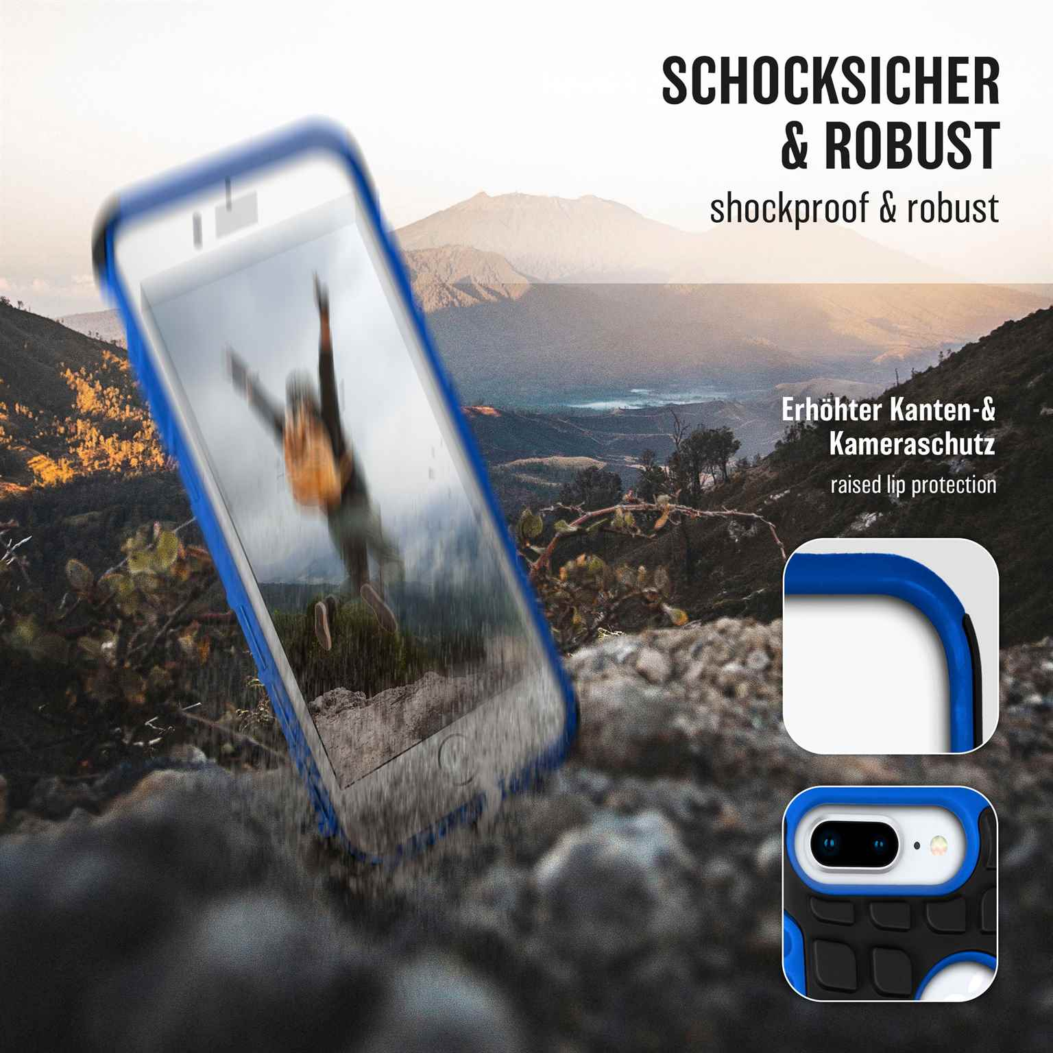 Eine blaue Handyhülle mit Berg-Hintergrund, die eine stürzende Person zeigt.