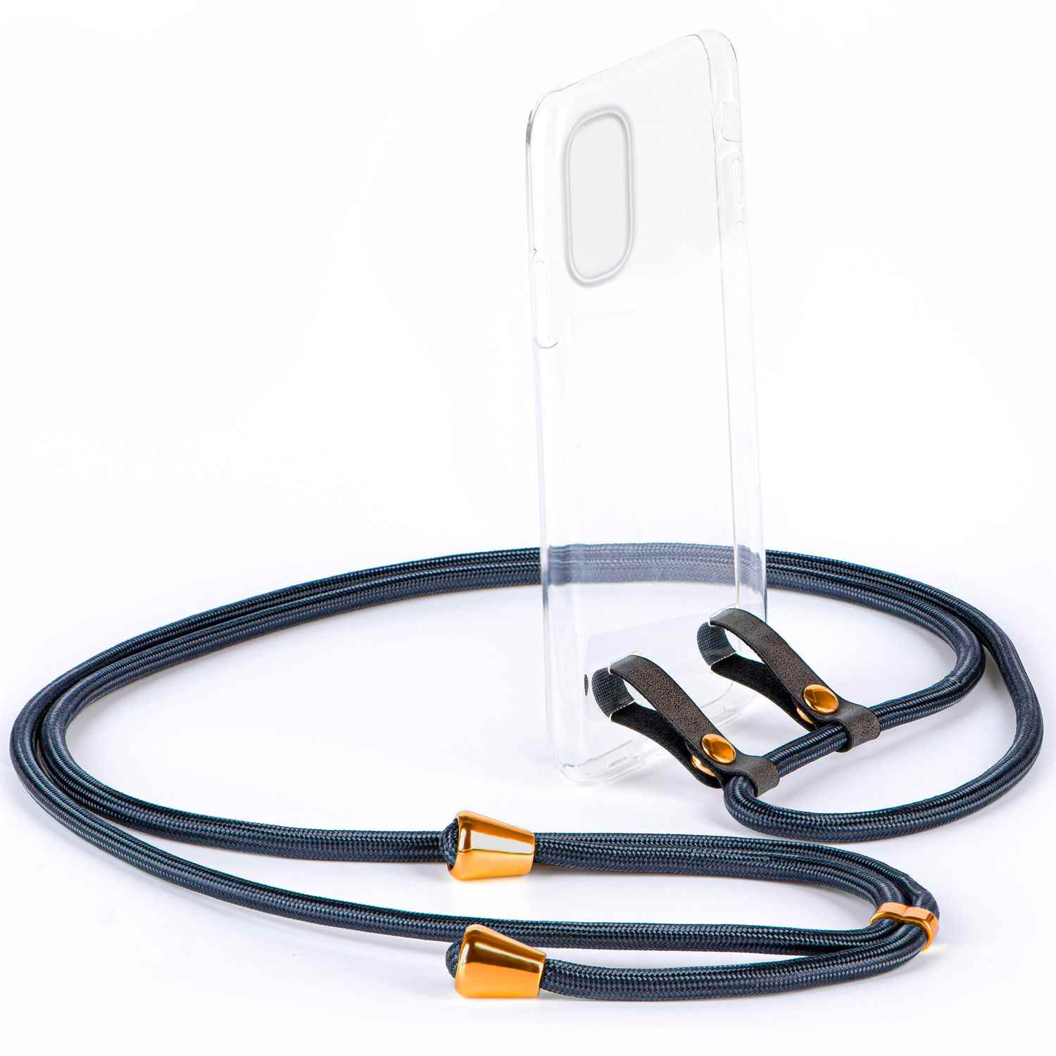 Eine transparente Handyhülle mit einem grauen Lanyard. Das Lanyard hat goldfarbene Akzente.