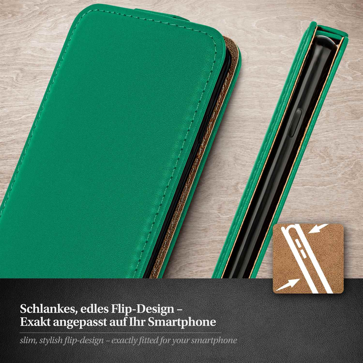 Grüne Handyhülle geöffnet, zeigt ein Telefon im Inneren. Weißer Text unten: schlankes, stilvolles Design.