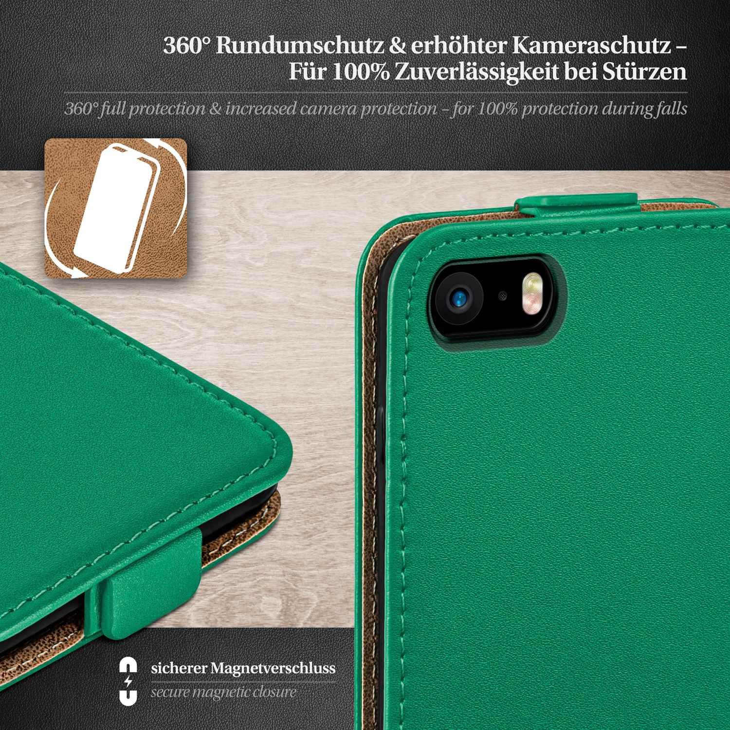 Grüne Handyhülle mit grünem Cover, mit Text, der Schutz zeigt. Zeigt einen Magnetverschluss.