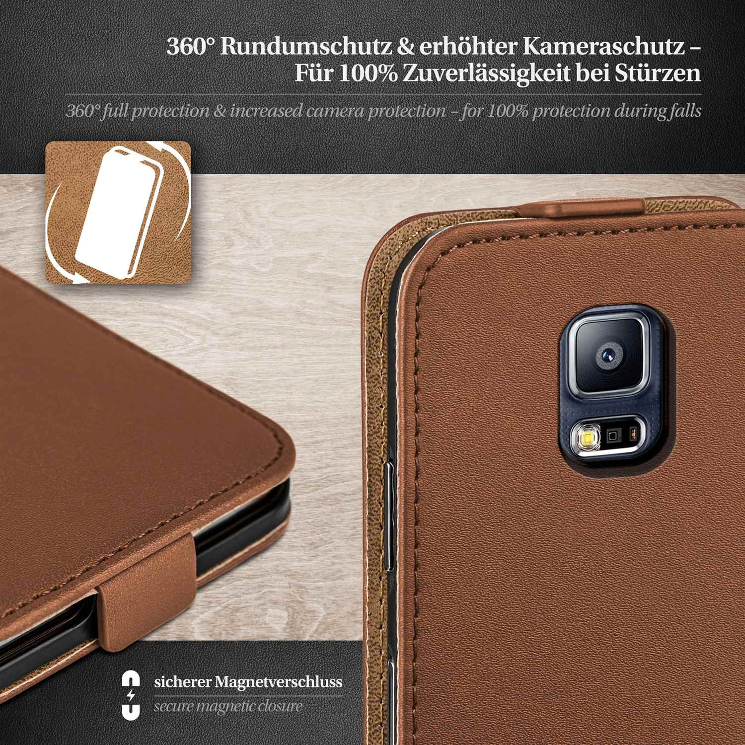 Braune Handyhülle. Text: 360° Rundumschutz & erhöhter Kameraschutz.