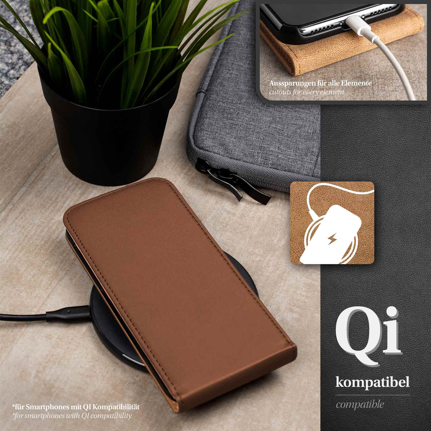 Handyhülle auf einem kabellosen Ladegerät. Ein Telefon wird geladen. Text lautet 'Qi kompatibel'.