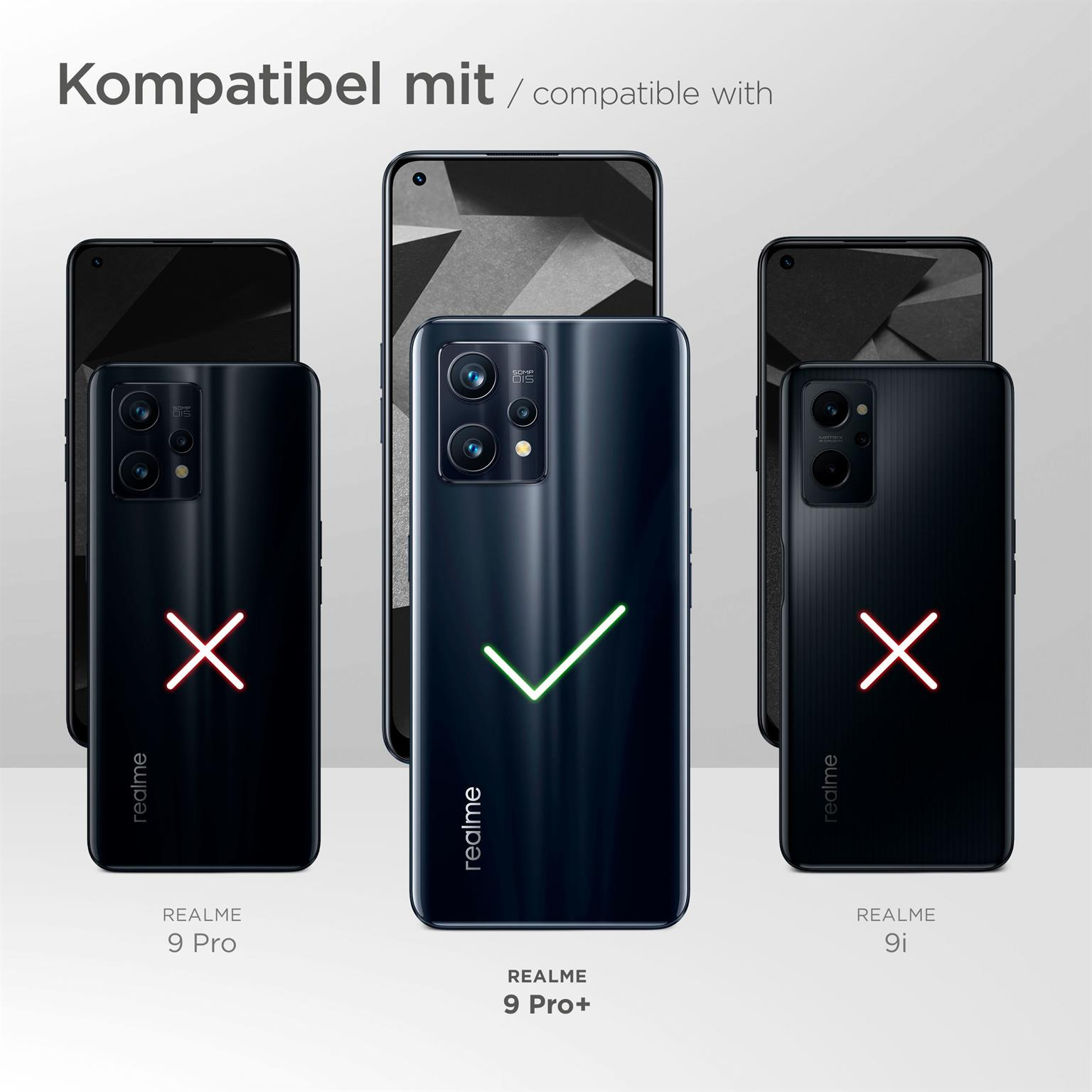 Bild zeigt die Kompatibilität von Realme-Telefonmodellen. Realme 9+, Realme 9 Pro und Realme 9i.