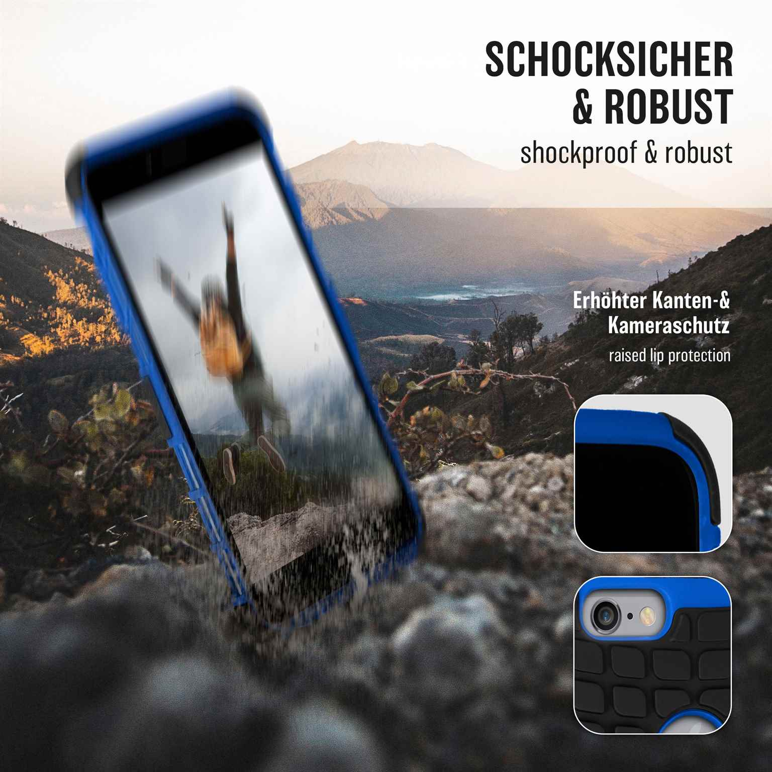 Blaues Telefongehäuse mit springender Person, Berge im Hintergrund.