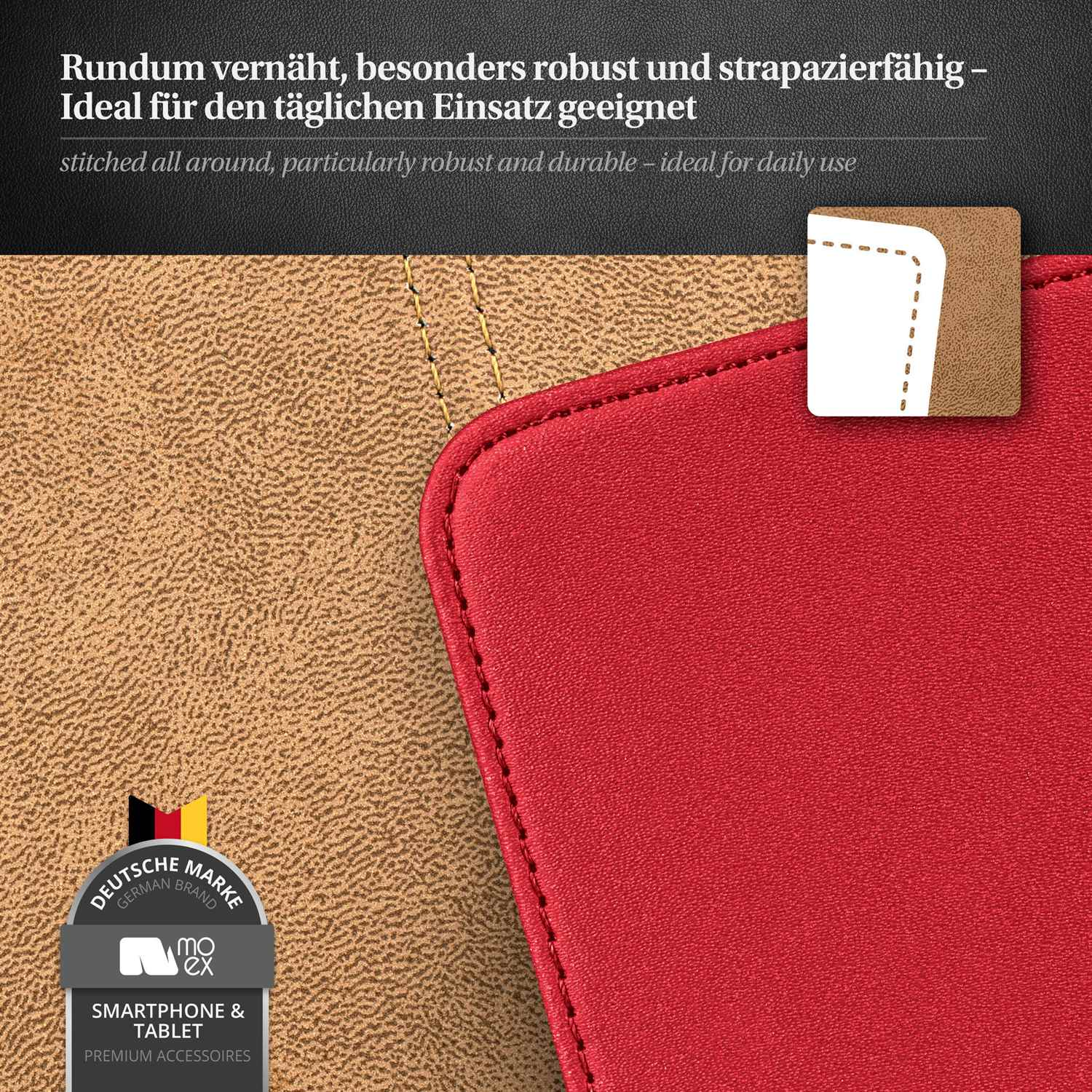 Rote Ecke eines Gehäuses auf braunem Hintergrund mit Text. Rotleder und braunes Gehäuse.