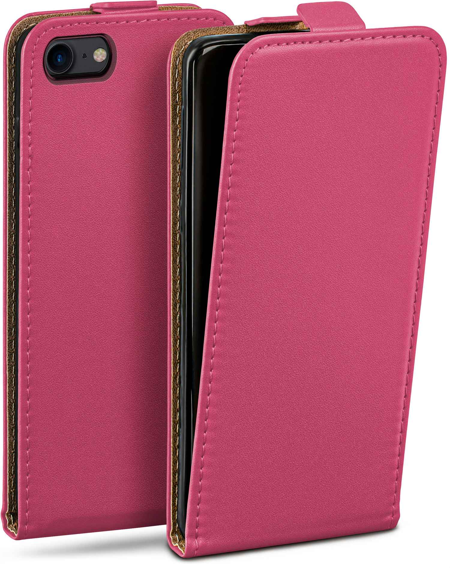 Rosa Leder-Handyhülle, geöffnet, das Telefon zeigend. Nähdetails vorhanden.