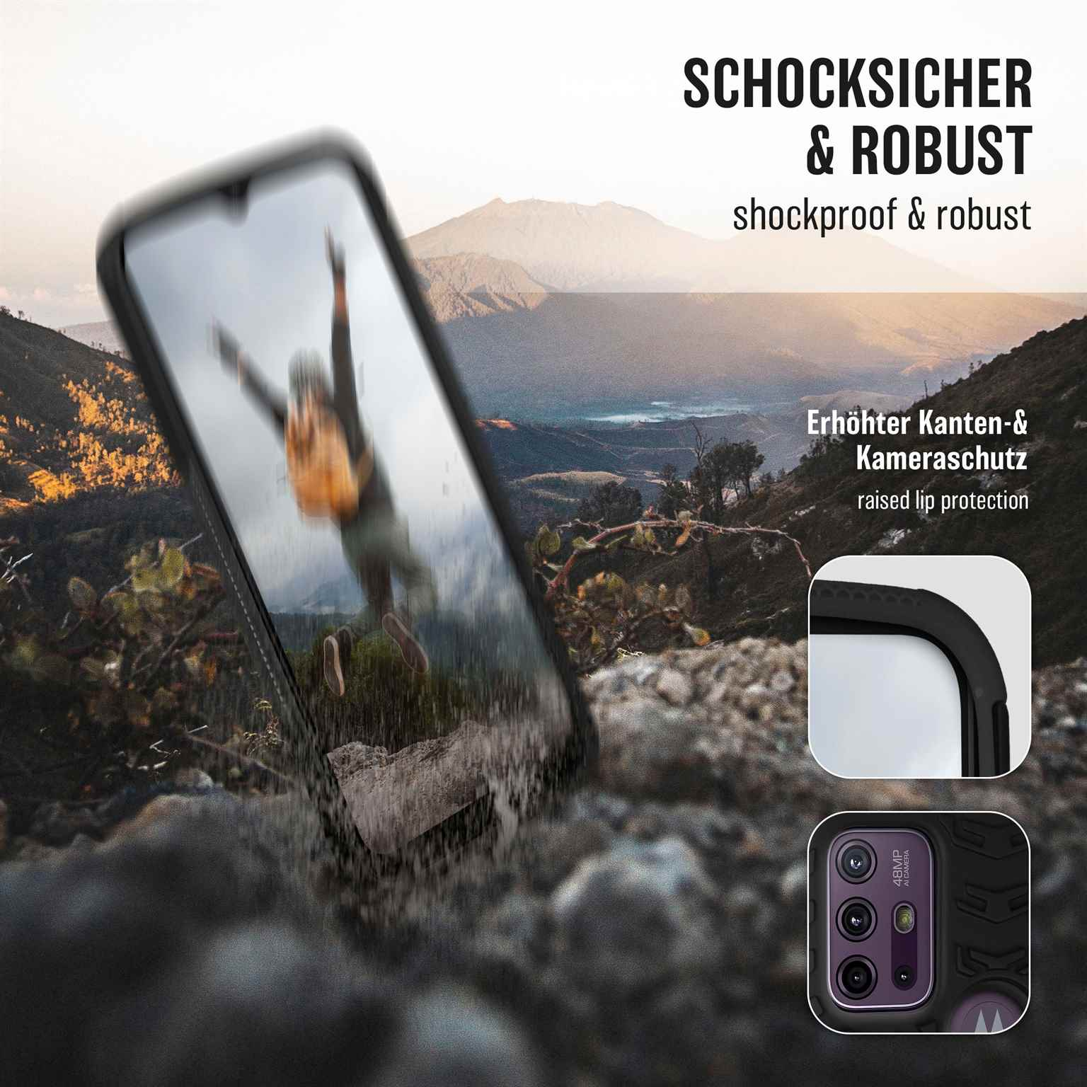 Ein Telefon in einer Hülle mit einer Berglandschaft im Hintergrund und Text.