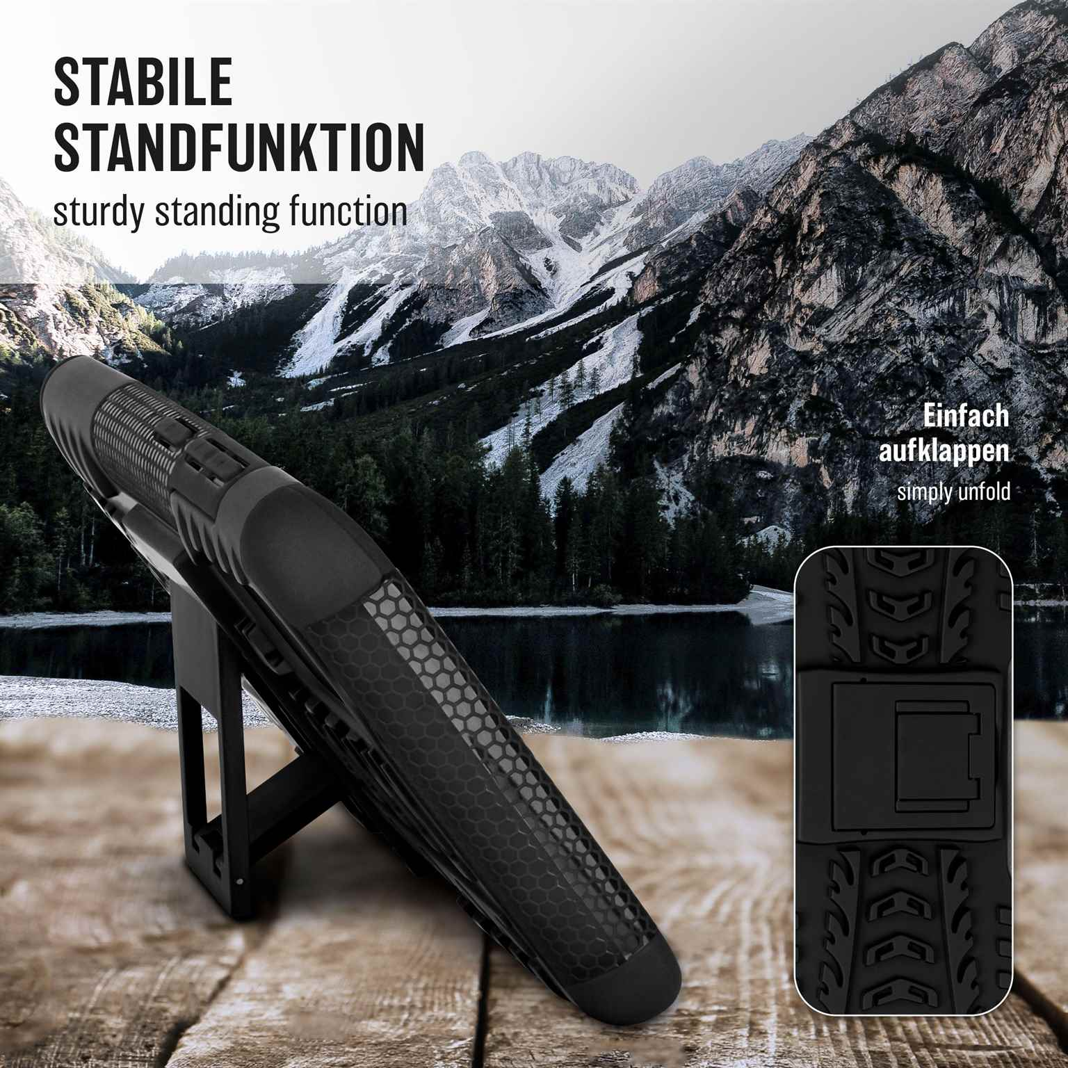 Schwarze Handyhülle mit Ständerfunktion. Text: robuste Standfunktion, einfach aufklappen.