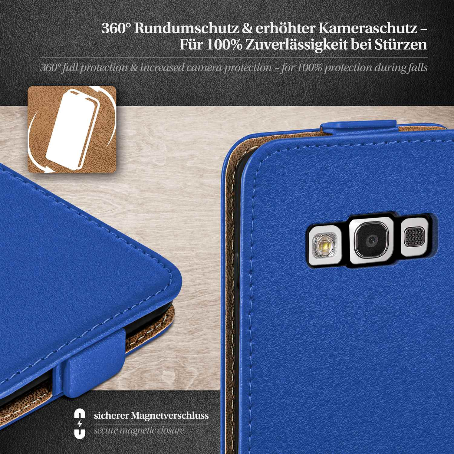 Blaue Handyhülle mit Telefon, Nahaufnahme der Kamera und Details des Magnetverschlusses.