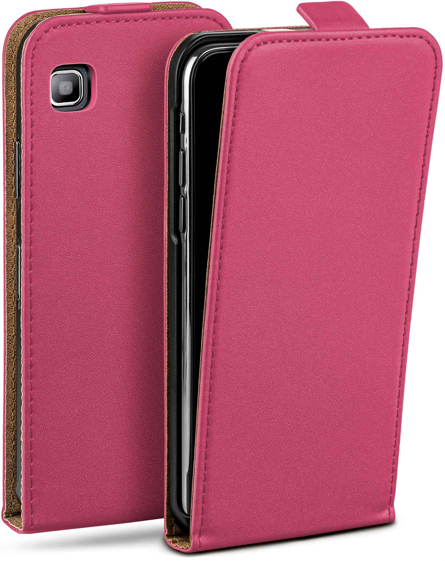 Pinke Handyhülle, offen, zeigt ein Telefon. Braune Kanten, weißer Hintergrund.