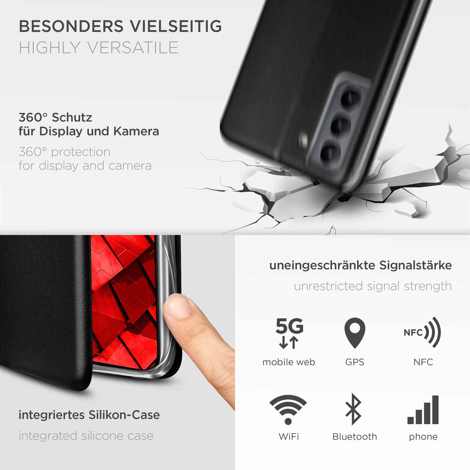 Schwarze Handyhülle mit Symbolen: 5G, GPS, NFC, WLAN, Bluetooth, Telefon.