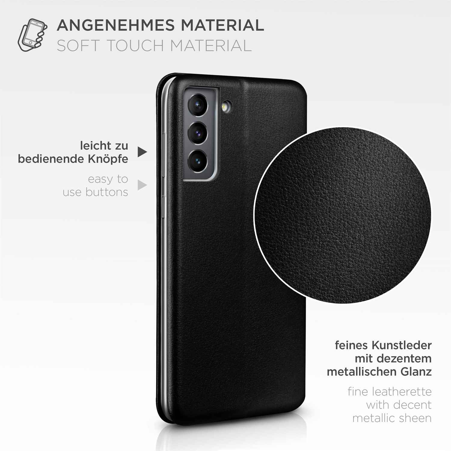 Eine schwarze Handyhülle mit einem schwarzen Telefon darin und eine Nahaufnahme der Ledertextur.
