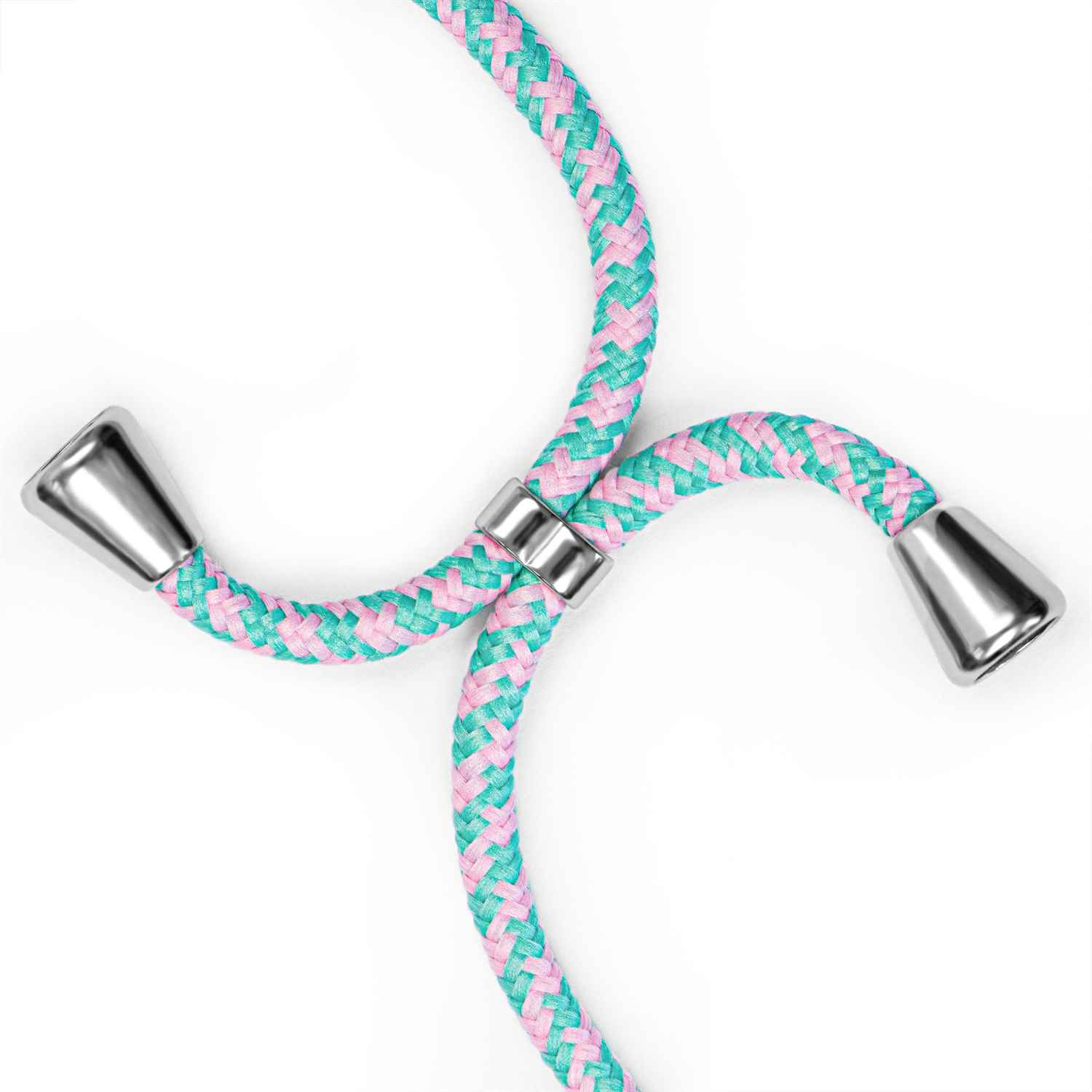Nahaufnahme eines rosa und blaugrünen geflochtenen Telefon-Lanyards. Silberne Akzente sind sichtbar.