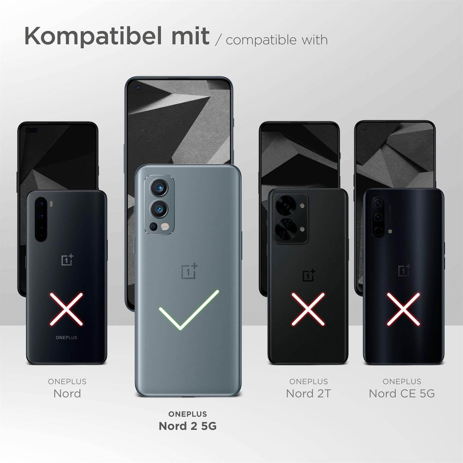 Bild zeigt Kompatibilität mit OnePlus Nord 2 5G. Andere Telefone sind mit roten X markiert.