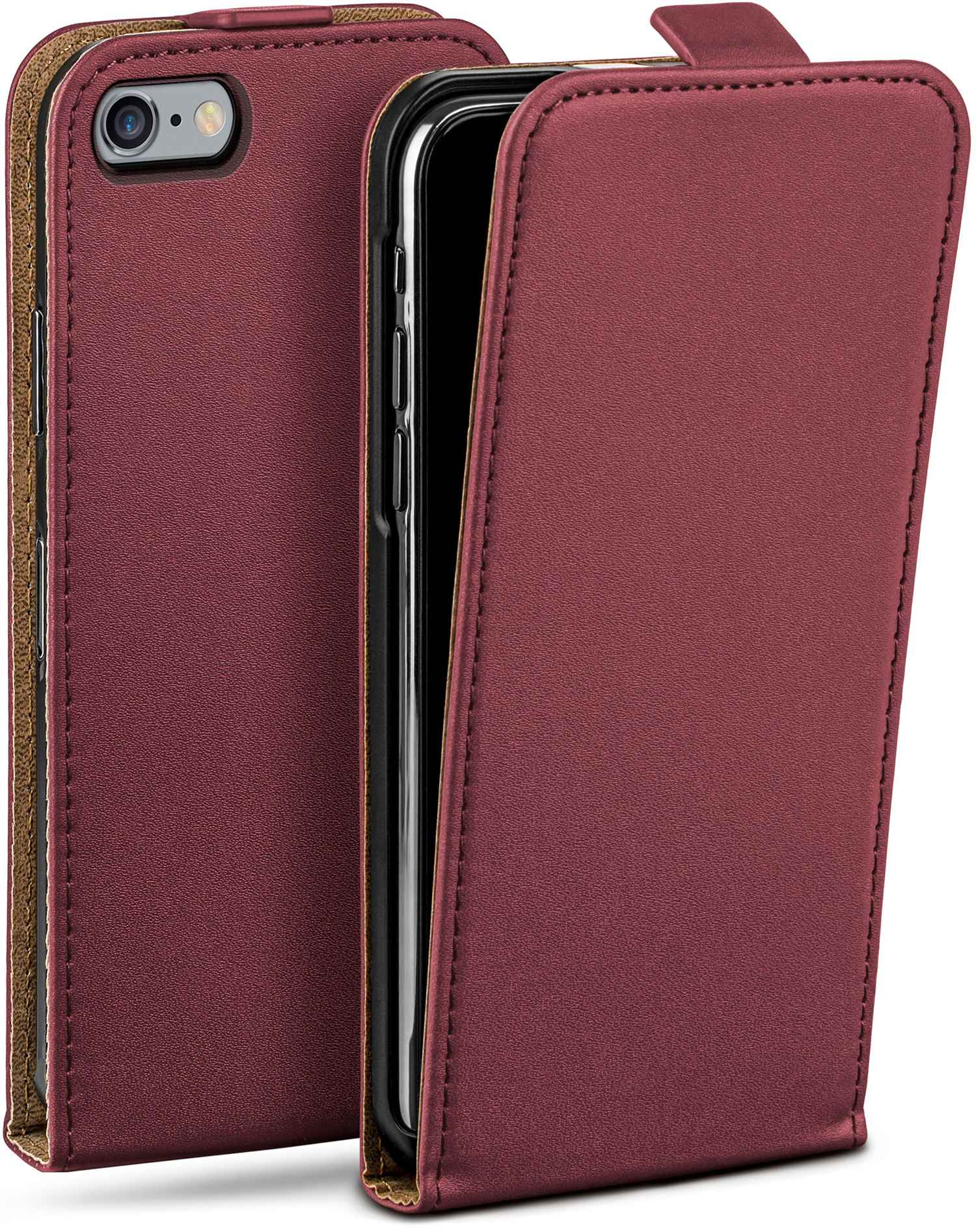 Bordeauxrote Handyhülle, offen, zeigt ein schwarzes Telefon innen. Braune Innenseite.