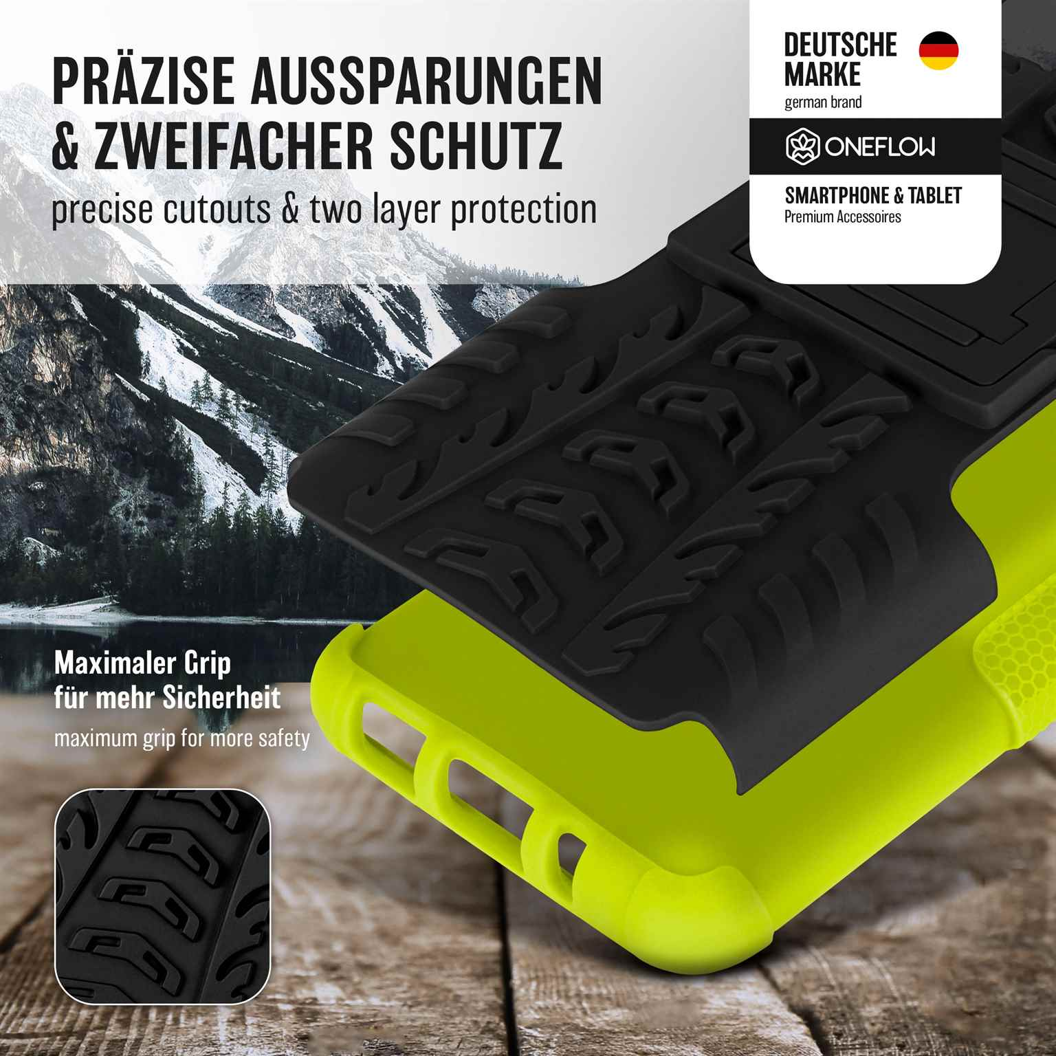 Handyhülle mit schwarzem und grünem Design. Es hat Text, der besagt: „Maximaler Grip für mehr Sicherheit“.