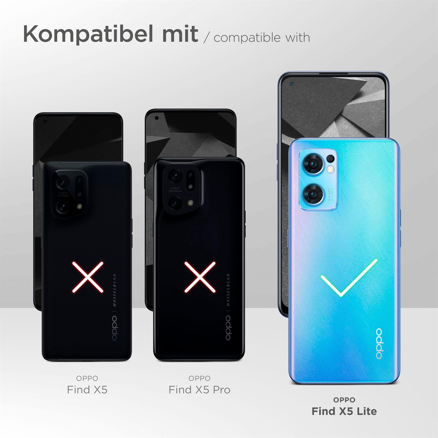 Drei Telefone, Oppo Find X5, Find X5 Pro und Find X5 Lite, mit Häkchen und X-Markierungen. Weißer Hintergrund.